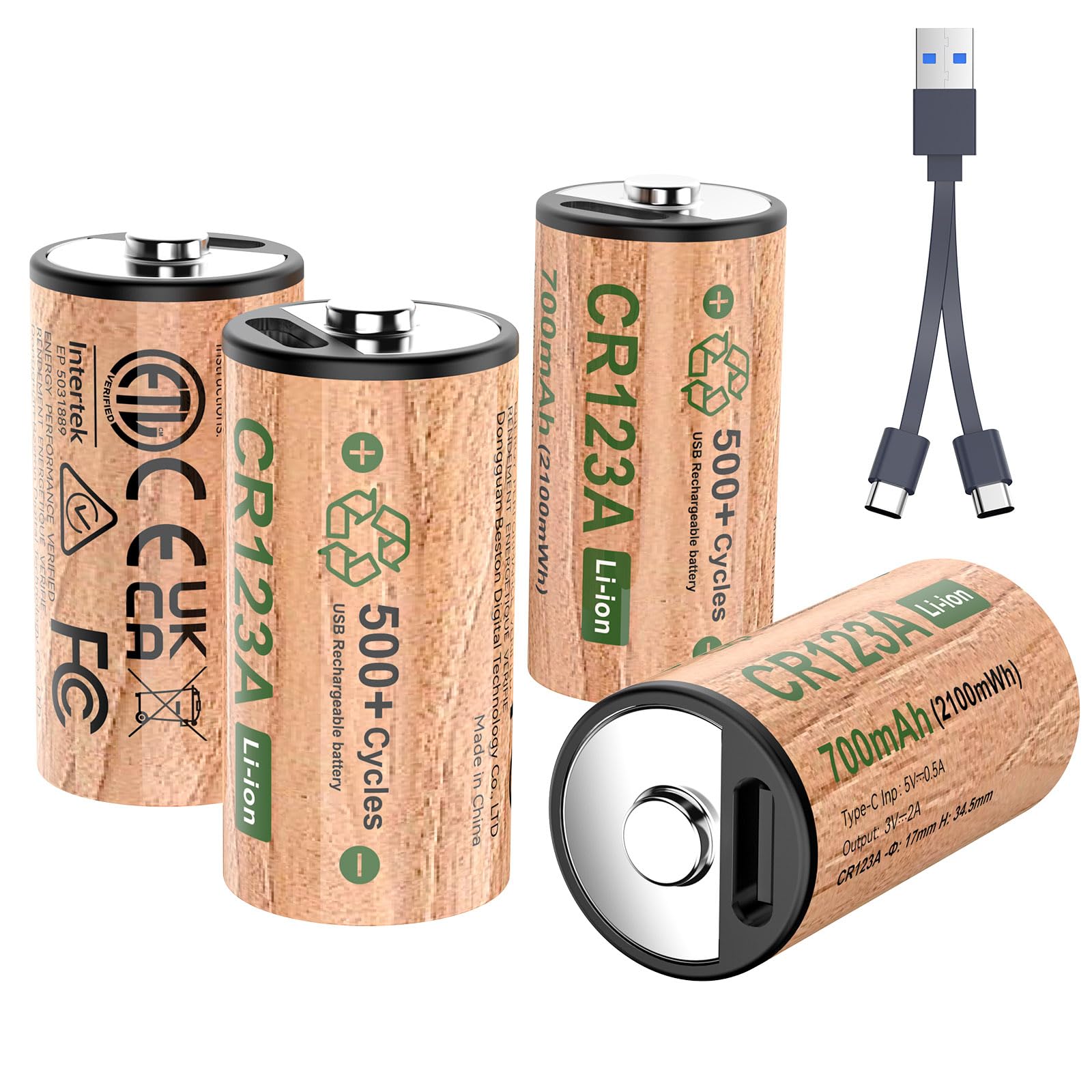 AKTTKA 4-Pack CR123A Baterie Ricaricabili al Litio, 2100 mWh 3V, Porta di Ricarica USB-C, 500 Cicli,Compatibili con Torce, Telecamere di Sicurezza, Sistemi di Allarme e Punteri Laser