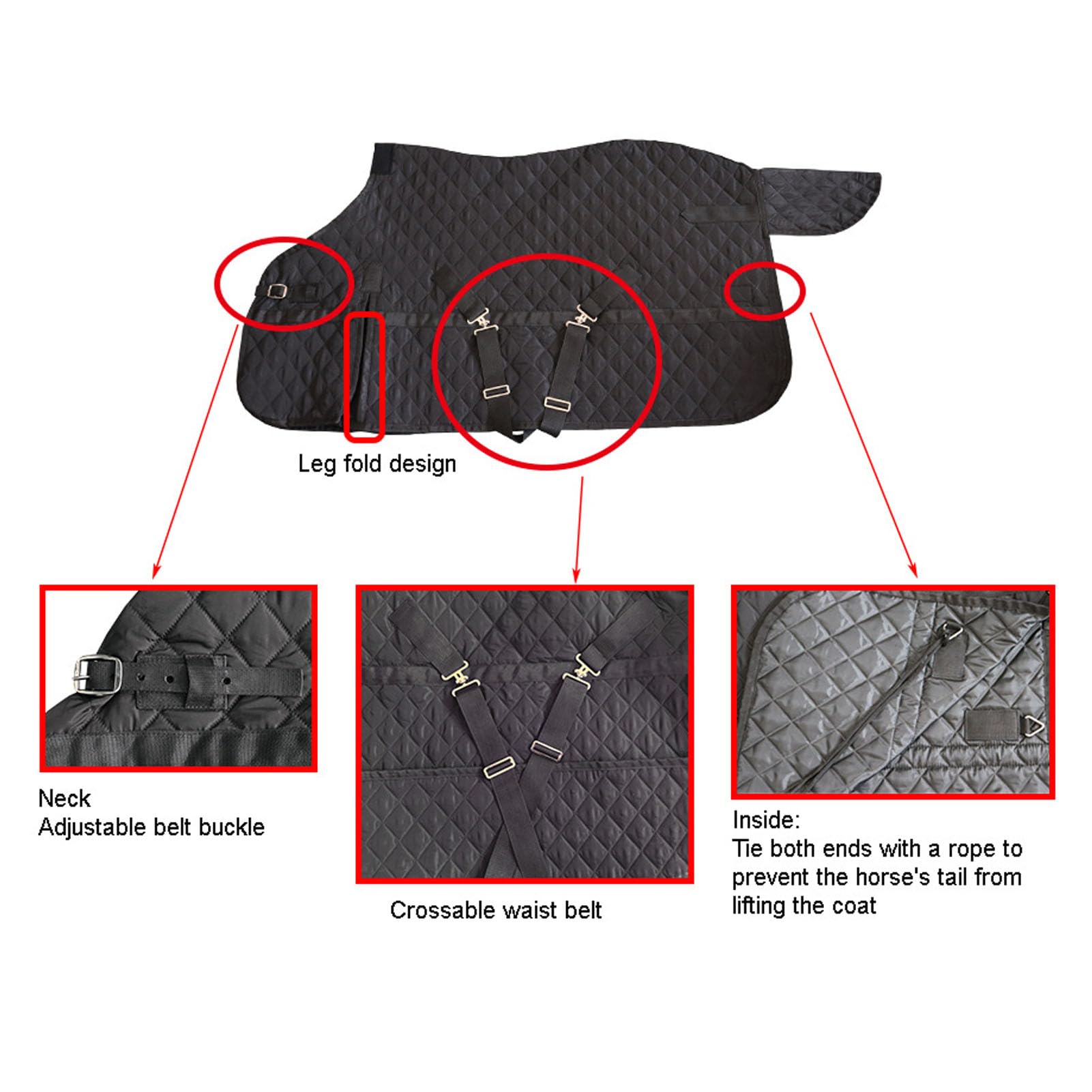 Coperta per cavallo regolabile, impermeabile, materiale imbottito in pongee, per uso in tutte le stagioni, nero