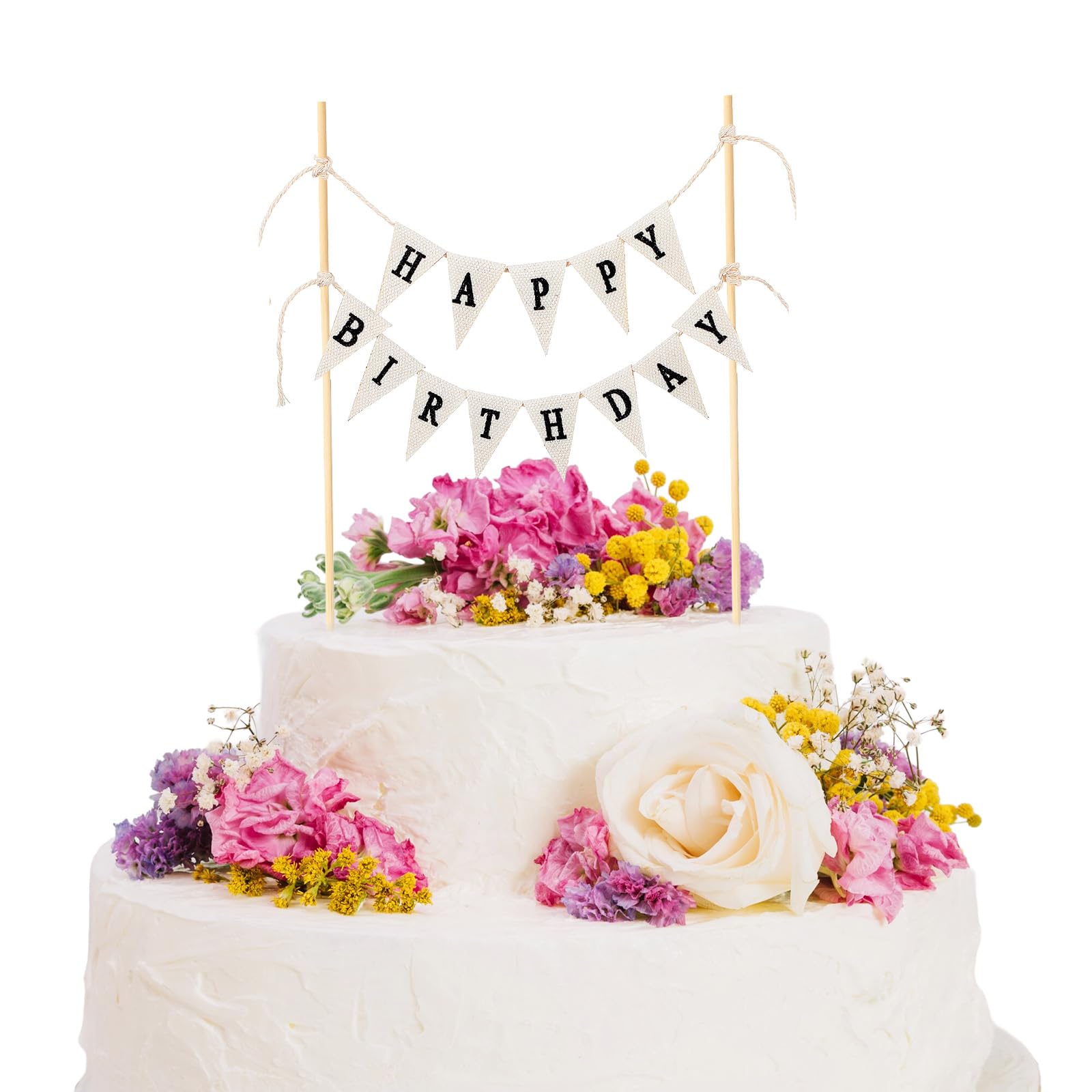 Muiltvoe Birthday Cake Toppers, Cake Banner Toppers, Handmade Linen Pennant Flags with Bamboo Polls for Birthday Party Desserts Pastries Decorations