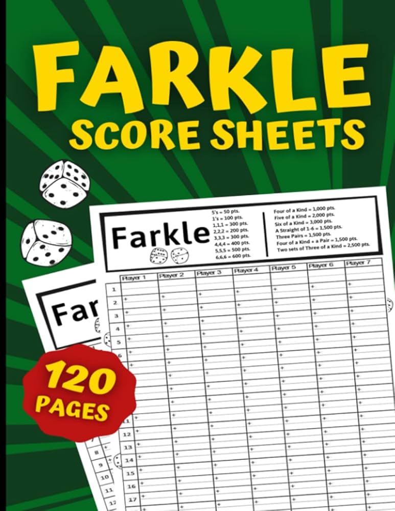 Farkle Score Sheets: 120 Large Cards for Scorekeeping | Score Pads with Guideline| Writing Note | Game Record Keeper Book | Zilch | 10000 |: S.N., Anthony: 9798592393228: Amazon.com: Books for Farkle Score Sheet Free Printable