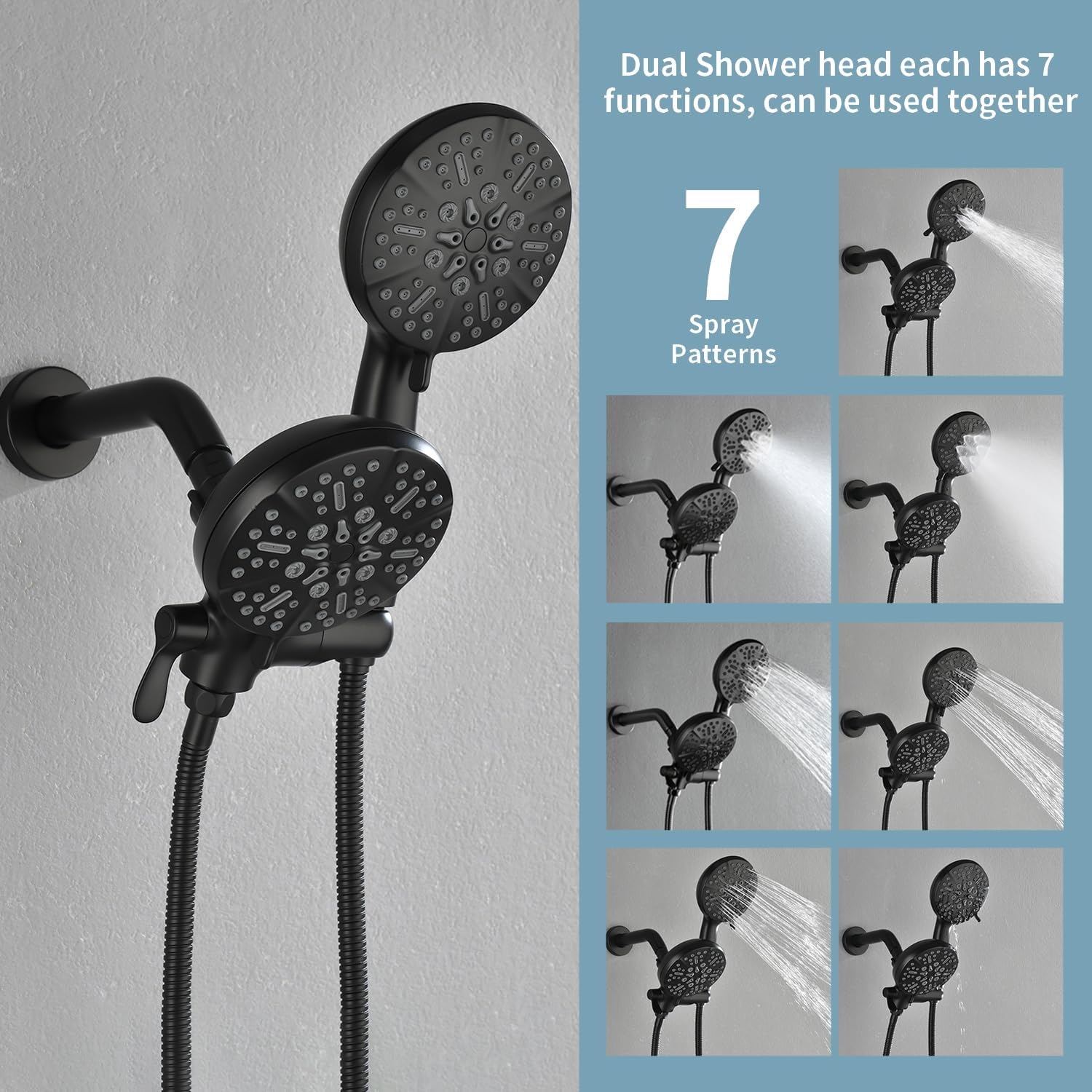 Visual guide to the 7 spray patterns available on the WELLFOR dual shower heads
