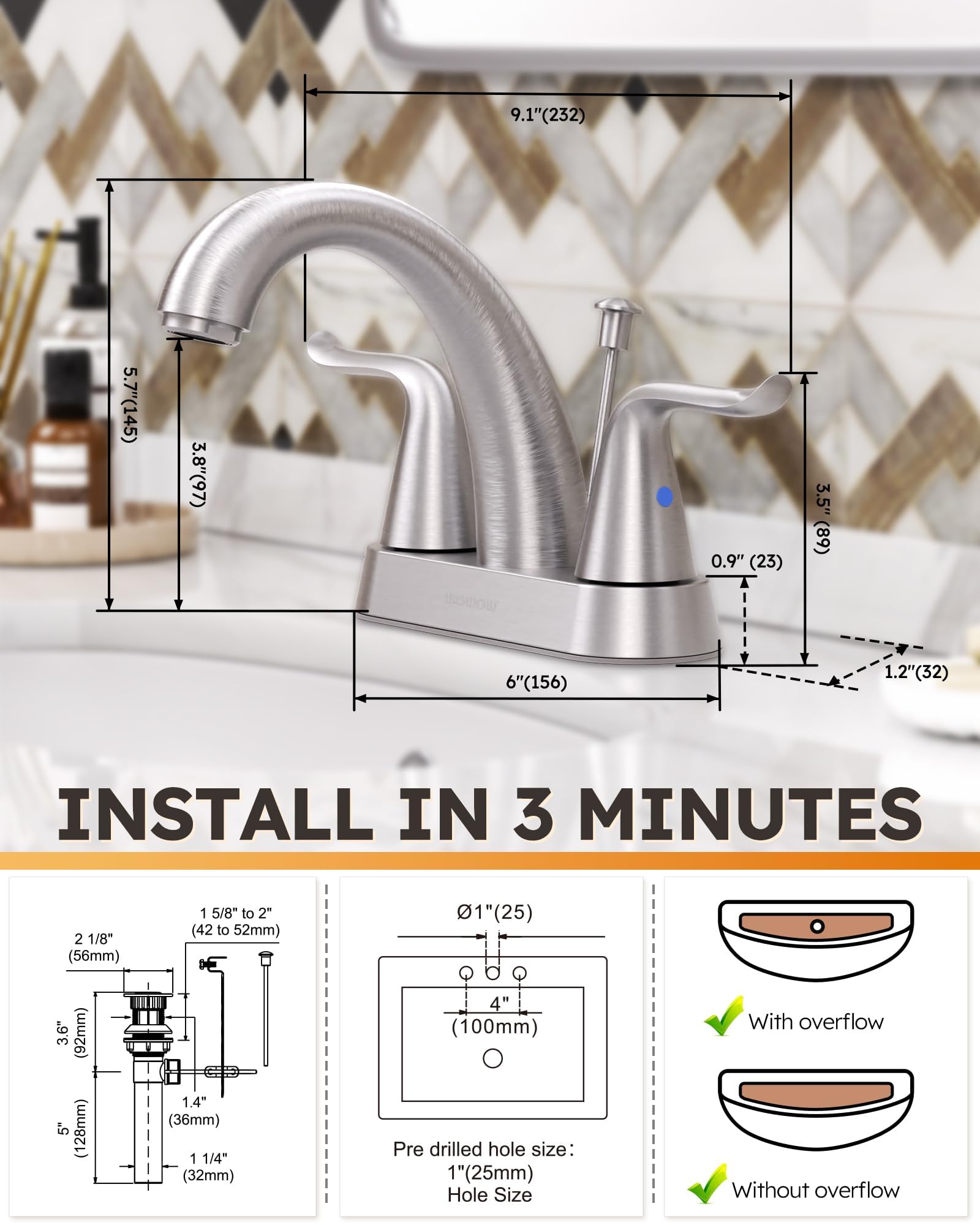 WOWOW Bathroom Faucet 2 Handle 4 Inch Centerset Bathroom Sink Faucet Lead-Free Basin Mixer Tap with Lift Rod — view 7