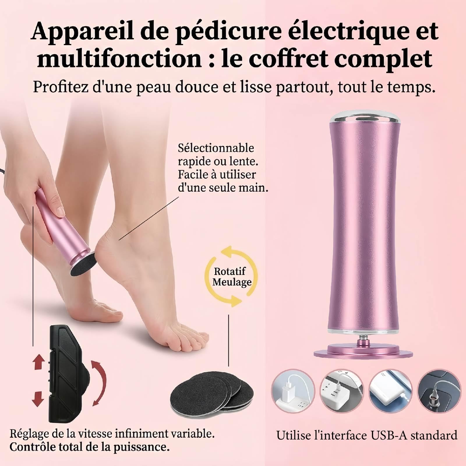 Mielle Glow Pied- Ponceuse Electrique Professionnelle pour Soin des Pieds, Kit Beauté Exfoliant pour Peaux Mortes, Squameuses et Gercées - Comprend 60 Tampons Exfoliants de Rechange (Schwarz)