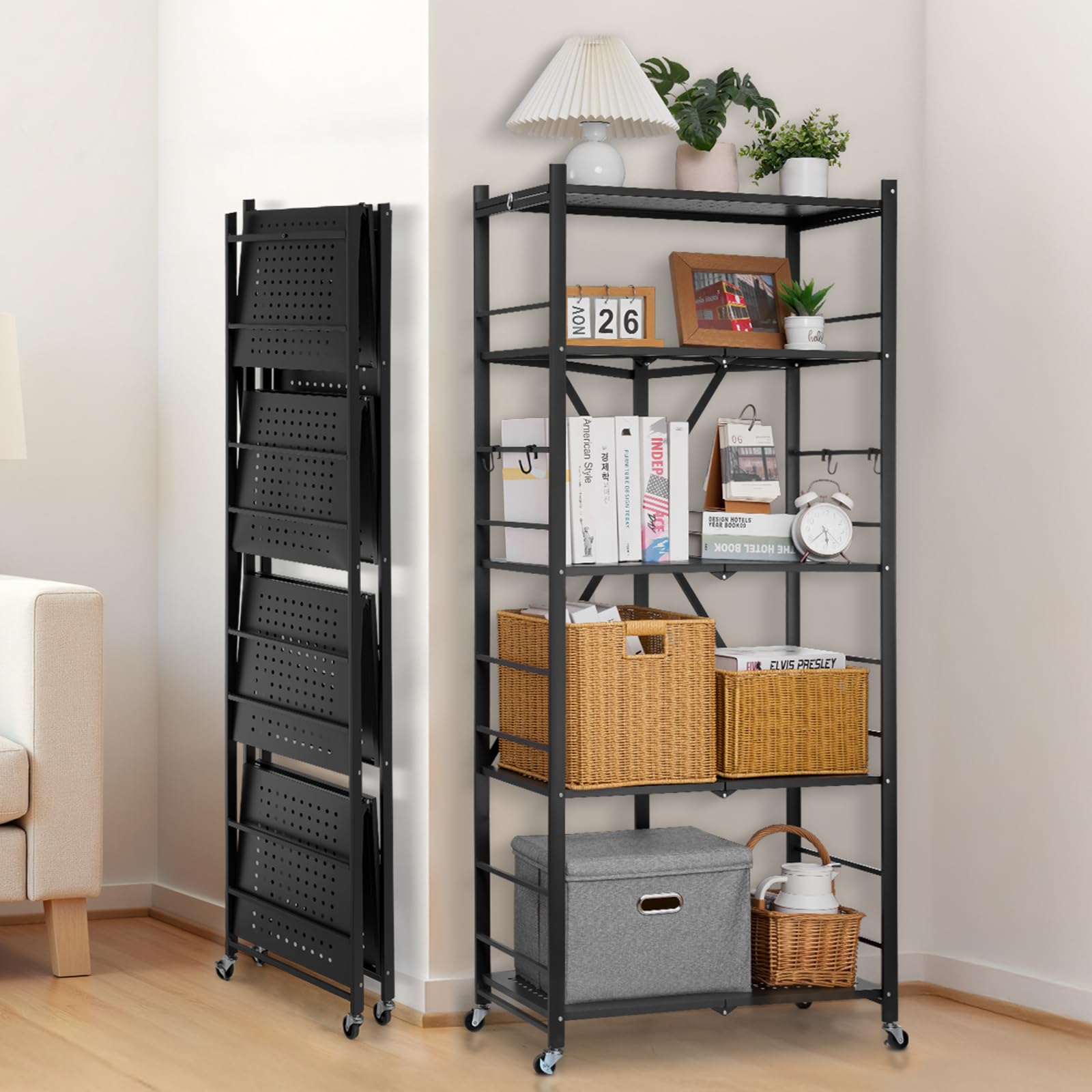VEVOR Scaffale Portaoggetti Pieghevole a 5 Ripiani con Ruote, Scaffale in Metallo Pieghevole, Robusto Resistente Senza Montaggio, Ideale per Garage, Cucina, Cantina Nero 380 x 710 x 1630 mm
