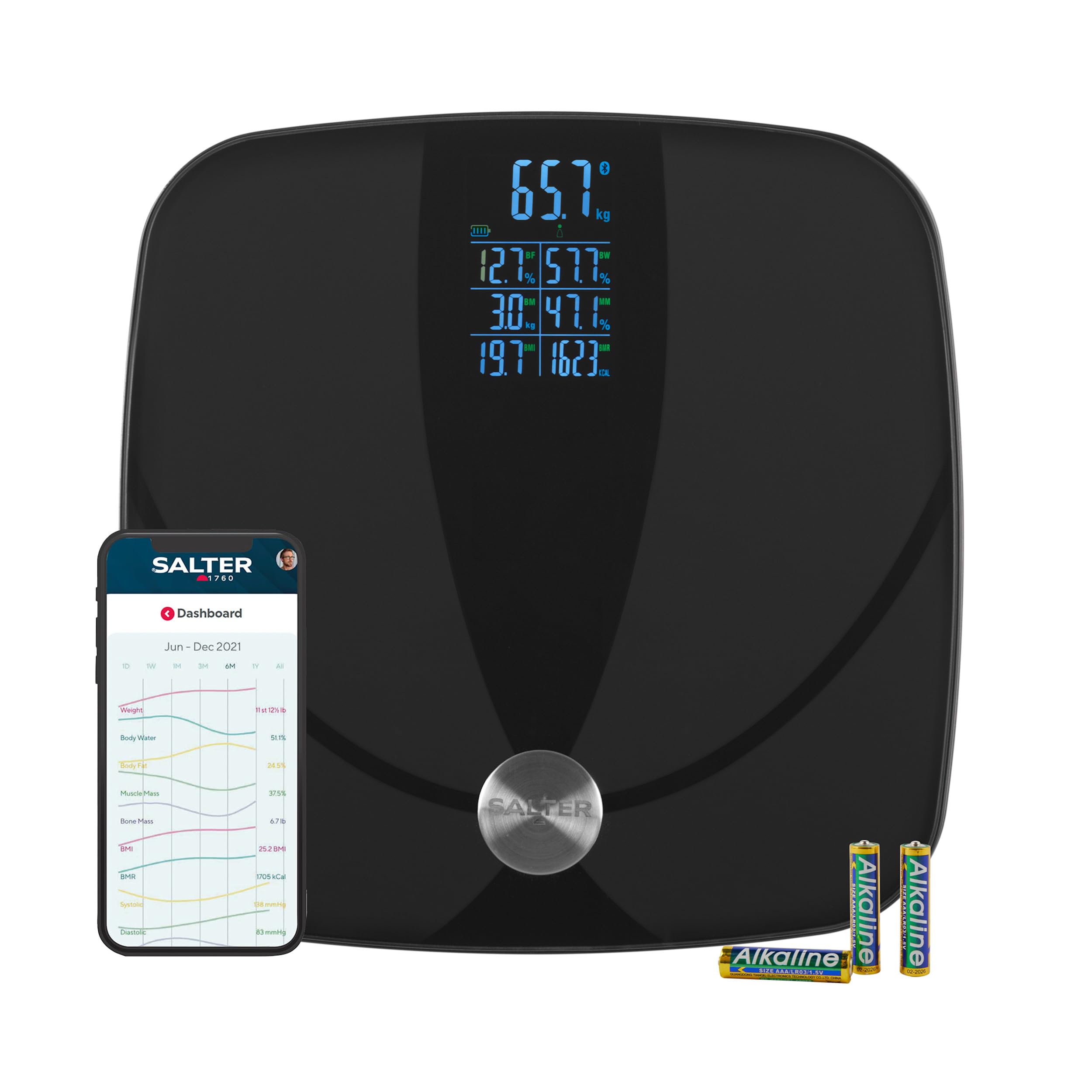 Salter Bilancia analizzatore digitale – Bilancia da bagno intelligente, grande display multi-lettura, 180 kg, 17 metriche della composizione corporea, 8 utenti, peso corporeo, grasso, acqua, massa