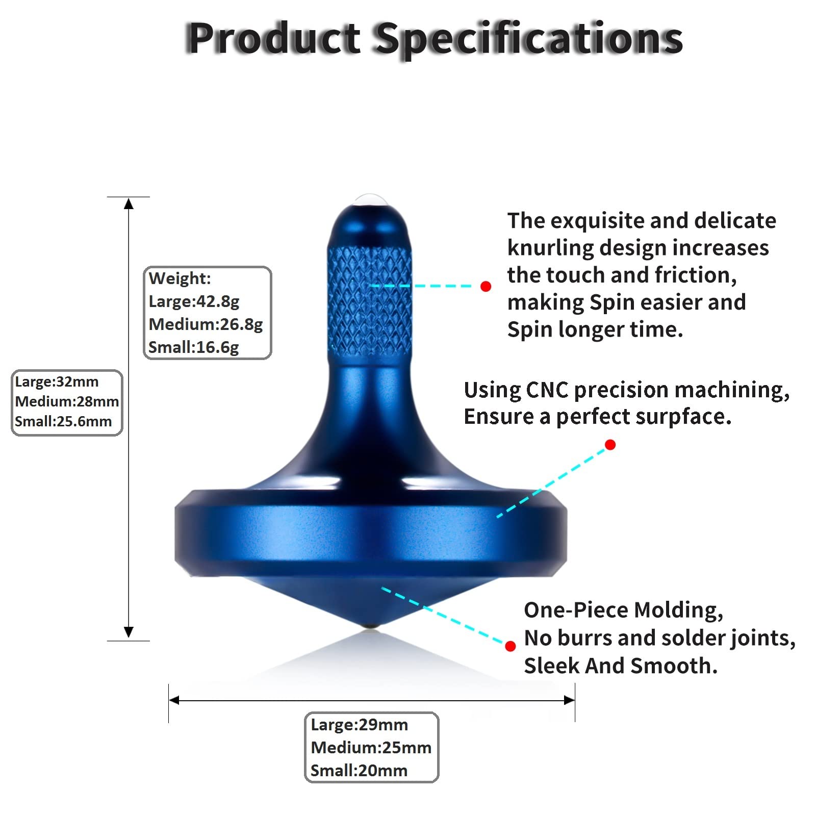 Metal Stainless Steel Spinning Top, Well Made EDC Decompression Toy, Perfectly Balanced, Spin Smooth, Long Rotation Time, Helps Relieve Stress and Anxiety (3PCS L+M+S/Blue) - Image 2