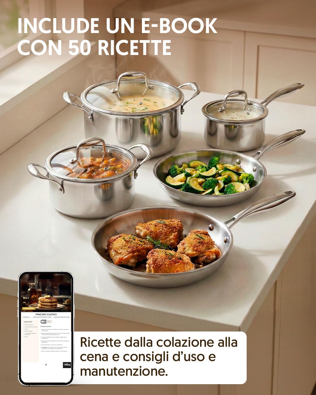 La Moustache - Set Pentole e Padelle 8 Pezzi in Acciaio Inox Senza Rivestimento, 3 Pentole con Coperchio in Vetro e 2 Padelle, per Induzione, Lavabile in Lavastoviglie, Ø16/20/24 cm (Titan Inox)