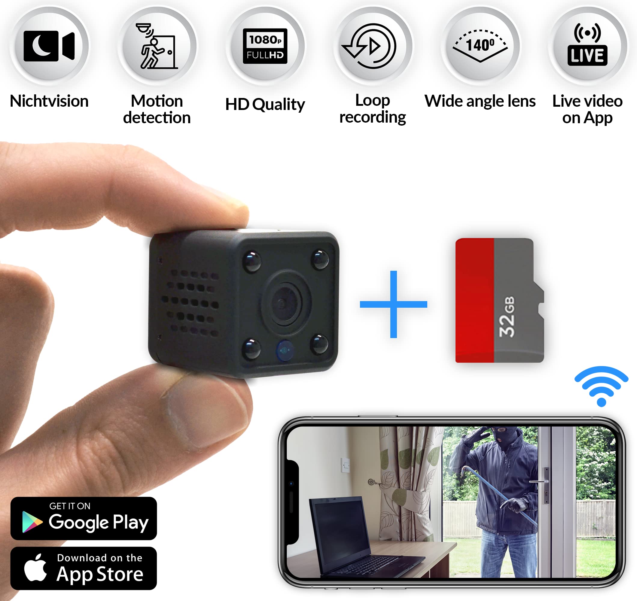 KUUS C2 Mini Telecamera Spia WiFi 3,2cm Full HD 1080P App, Telecamera Nascosta Microcamera Spia, Mini Telecamera Spia Nascosta, Visione Notturna, SD 32 GB, ONVIF Class U3 ISO Discreta Anonimo Pack