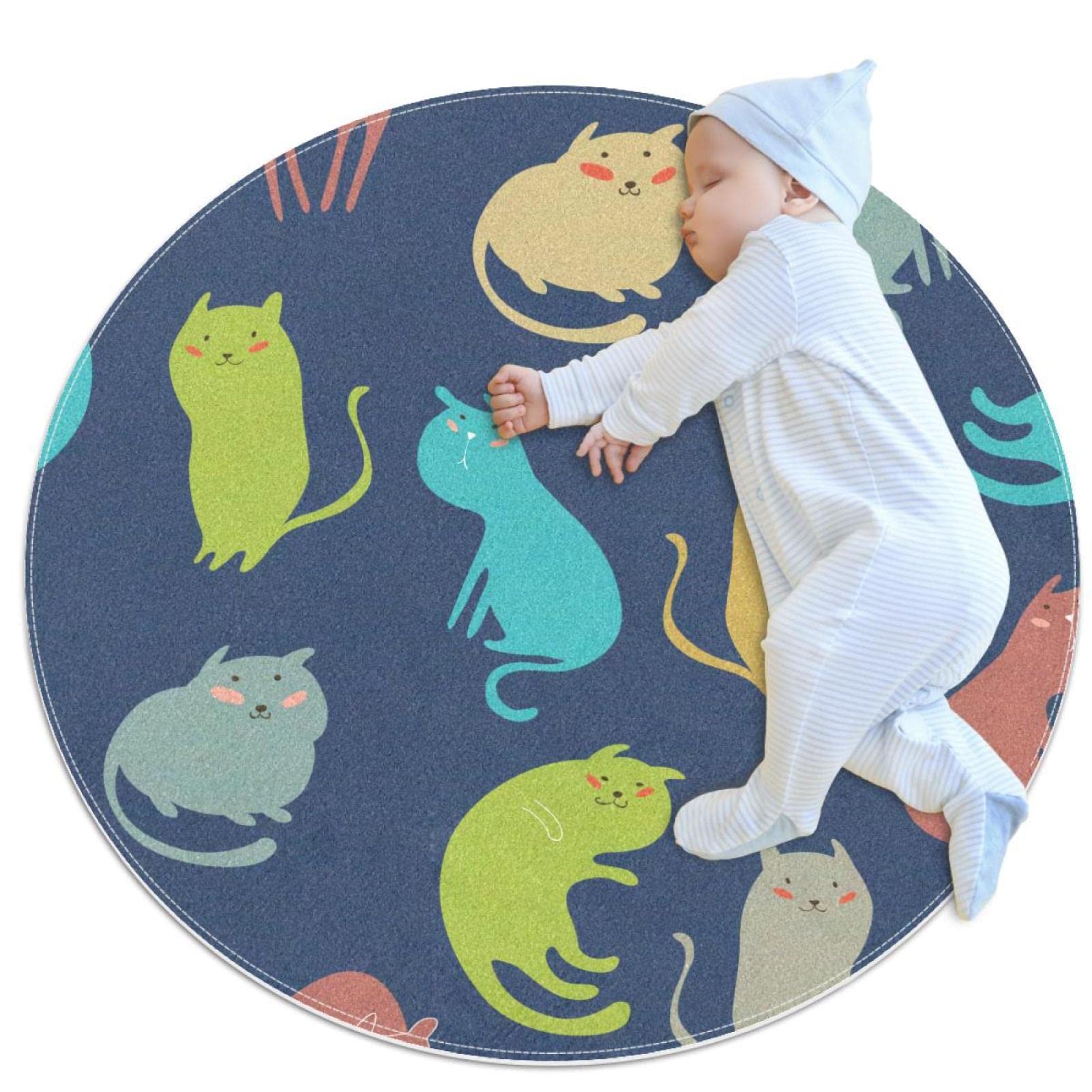 Tapis rond chats colorés salon chambre buanderie 100 cm