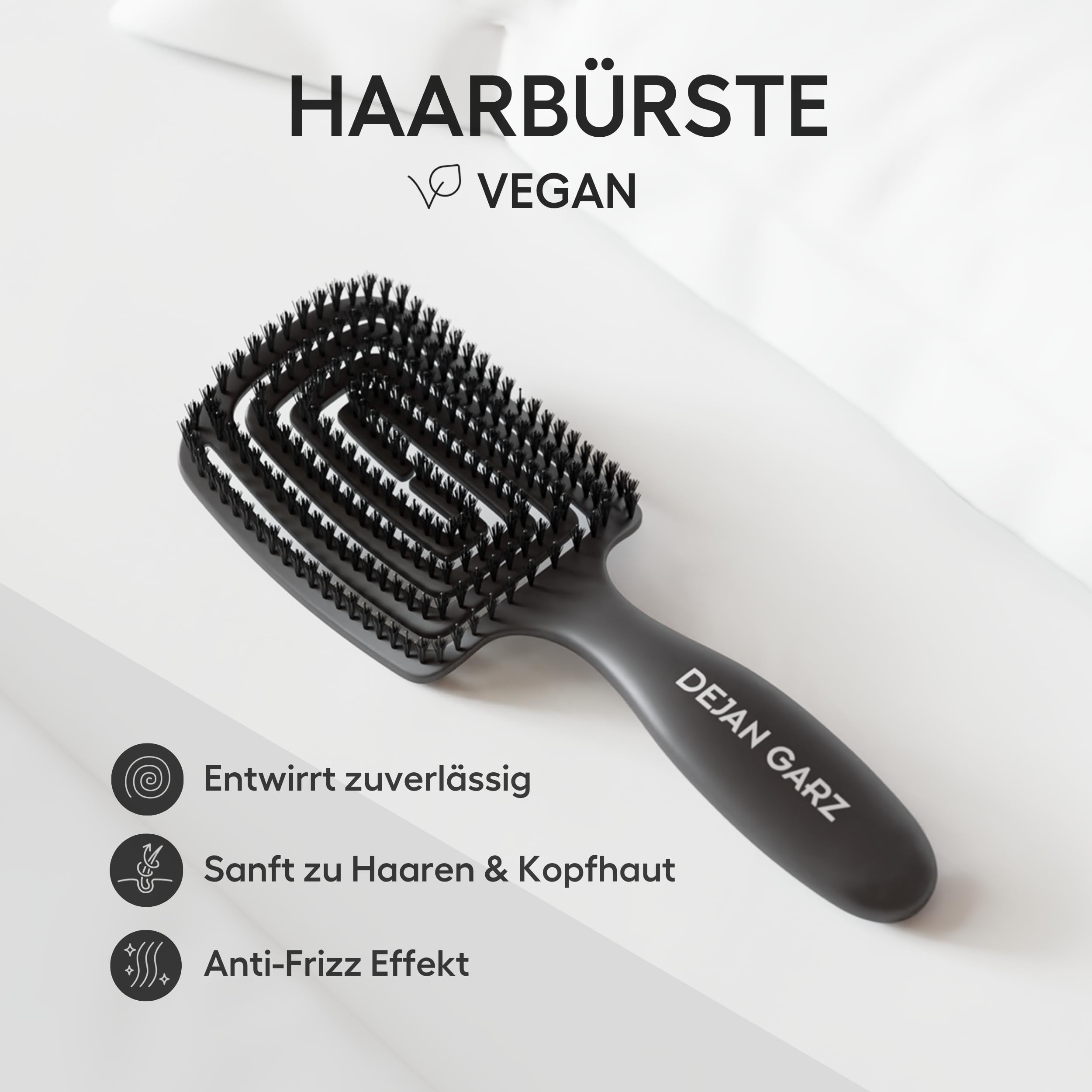 Dejan Garz Bürste mit veganen Borsten Schwarz (1 Stk) – Haarbürste ohne Ziepen für alle Haartypen – Kopfhautschonend – Hair Brush für Glanz & Geschmeidigkeit inkl. Reinigungsbürste - 4