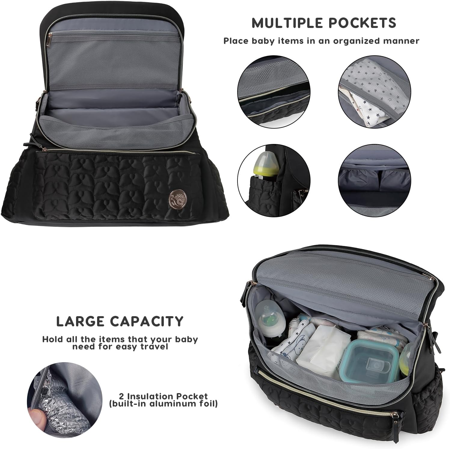 Stylish Waterproof Diaper Bag Backpack Nappy Changing Bag Travel Mummy Bag with Changing Pad & Single Shoulder Strap(Black) - Image 3