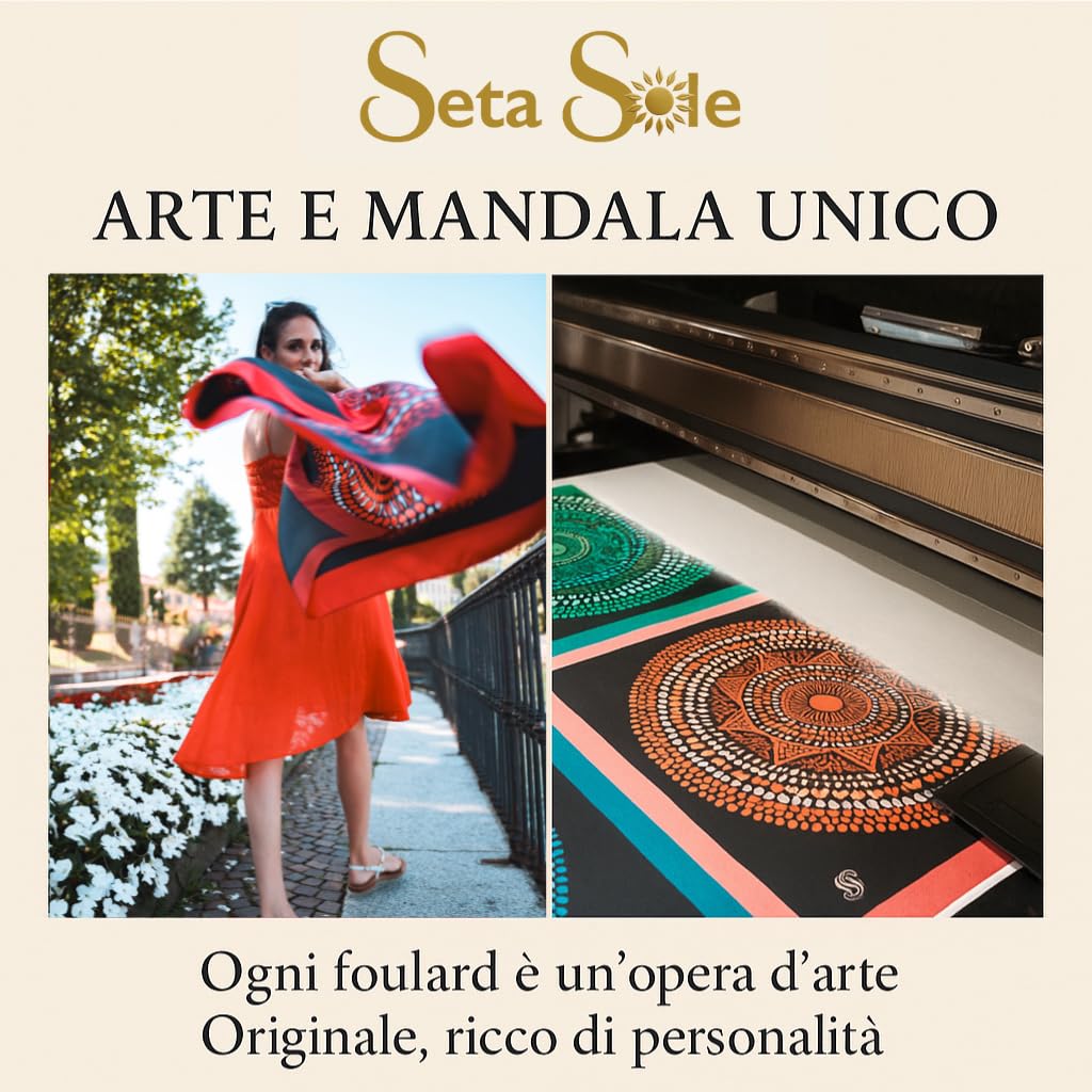 Seta Sole – Foulard in 100% Seta Made in Italy 70x70 cm – Mandala Disegnato a Mano – Sciarpa Quadrata Elegante Donna, Accessorio Moda Artigianale Lago di Como