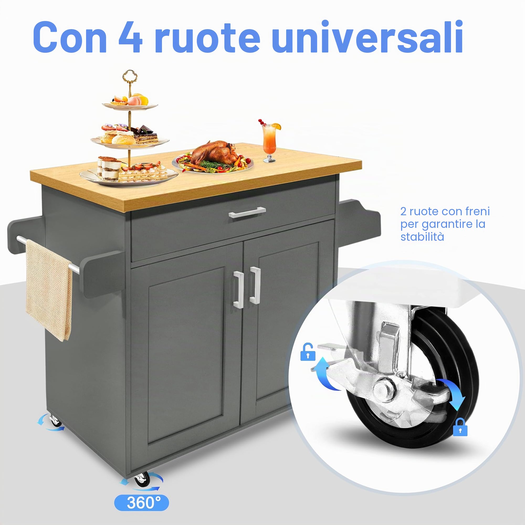 UISEBRT Carrello da cucina con piano di lavoro in legno, mobile da cucina su ruote con cassetto e ripiano, grigio