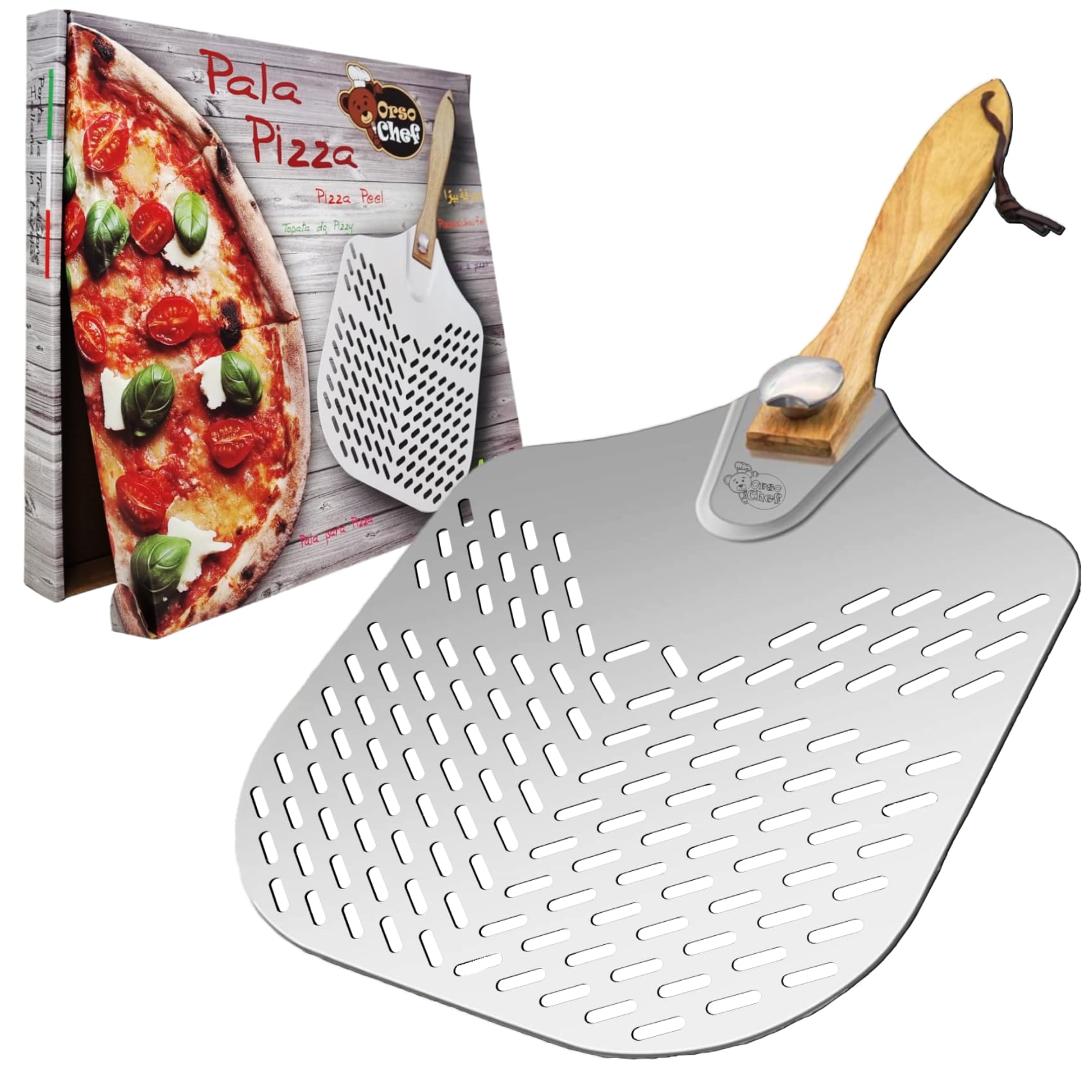 Pelle à pizza perforée - Pelle à pizza en aluminium - Avec manche pliable, professionnelle, nouvelle perforation professionnelle, robuste jusqu'à 4 kg. - Pour cuire du pain, des pizzas et des gâteaux.
