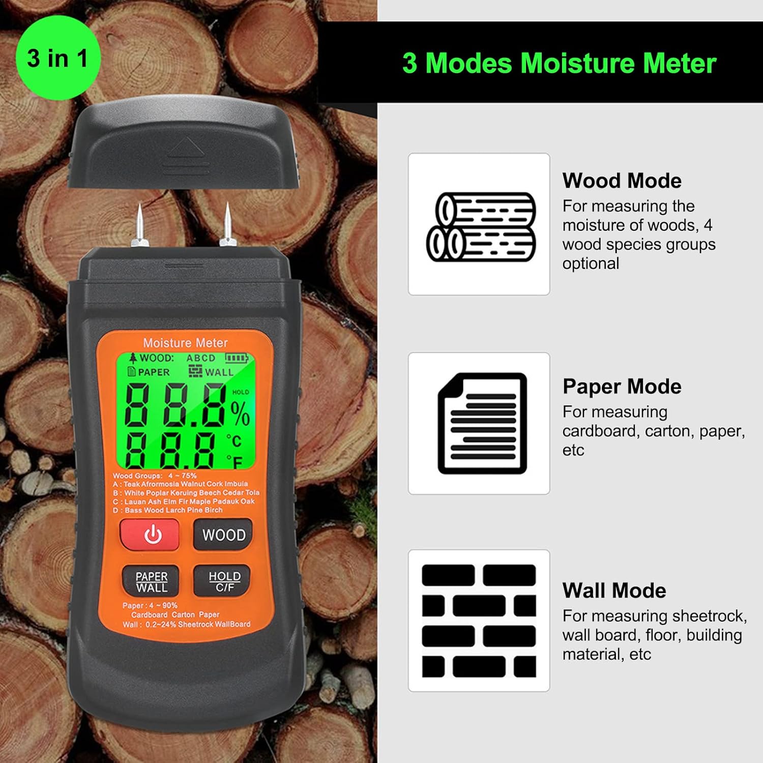 Digital Wood Hygrometer,Needle Type Leakage Detector,Intelligent Temperature and Humidity Measurement,Used for Wood, Walls, Gypsum Boards