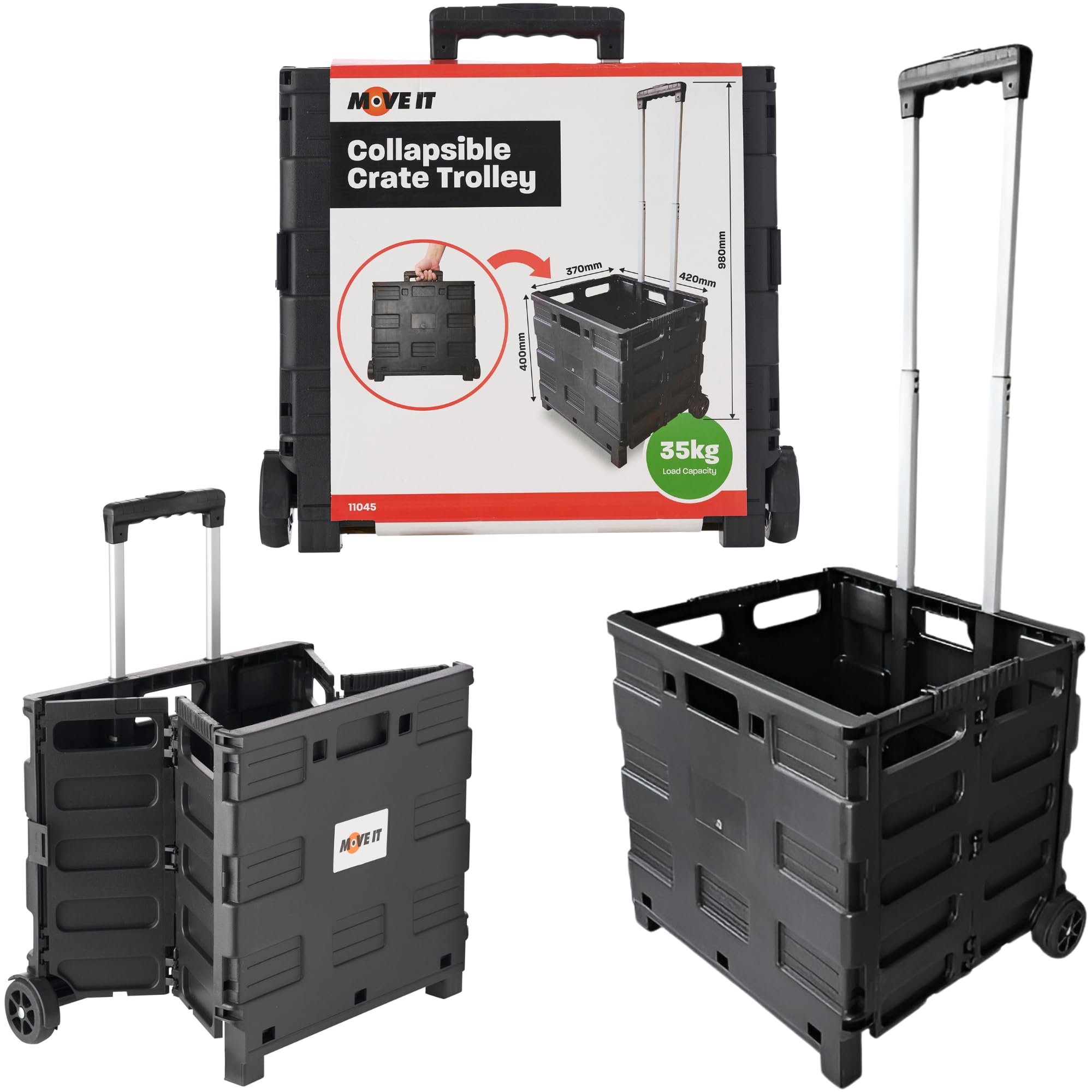 Folding Shopping Trolley Cart, Heavy Duty Boot Cart, Quiet Wheels & Telescopic Aluminium Handle, Collapsible Utility Box for Groceries, Cleaning, Tools, Office, Garden & Camping – 35kg Capacity, Black