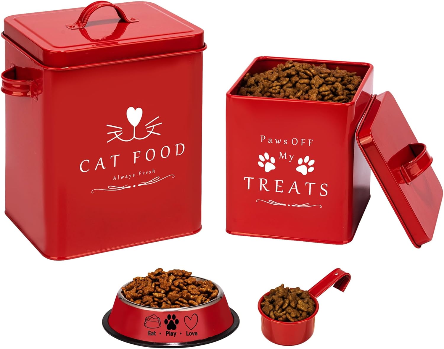 Meraki Home Farmhouse Cat Food and Treats Containers + Feed Scoop + Pet Food Bowl - Tight Lids - Large Metal Storage Bin - Great Gift for Cute Pets (Glossy Red)