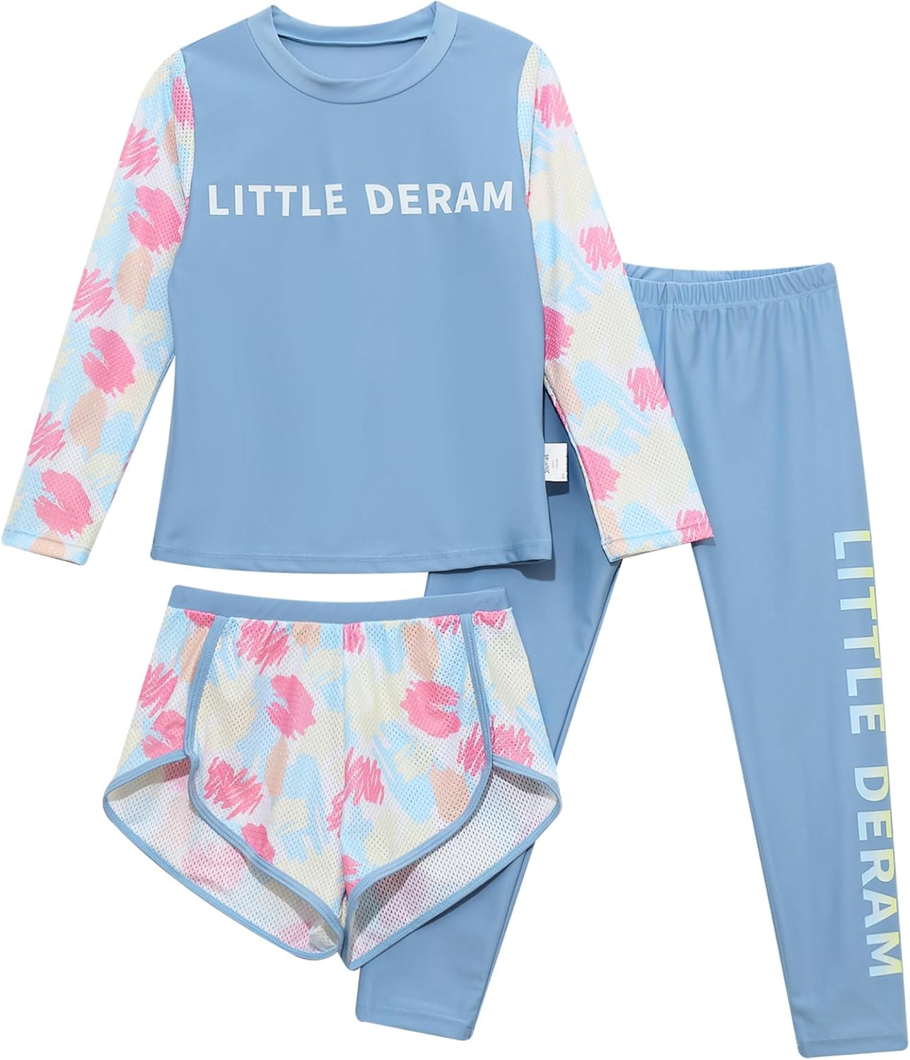 Kids Girls Swimsuit 3 Piece Rash Guard Set UPF 50+ Long Sleeve Shirt with Swim Trunks Pants Swimwear