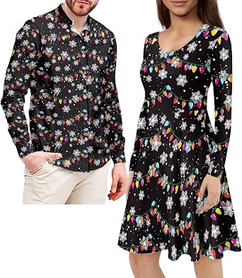 INSTANTARTS Couple Matching Outfit Mens Button Down Autumn Shirt and Womens Midi Casual Dress Party Dresses
