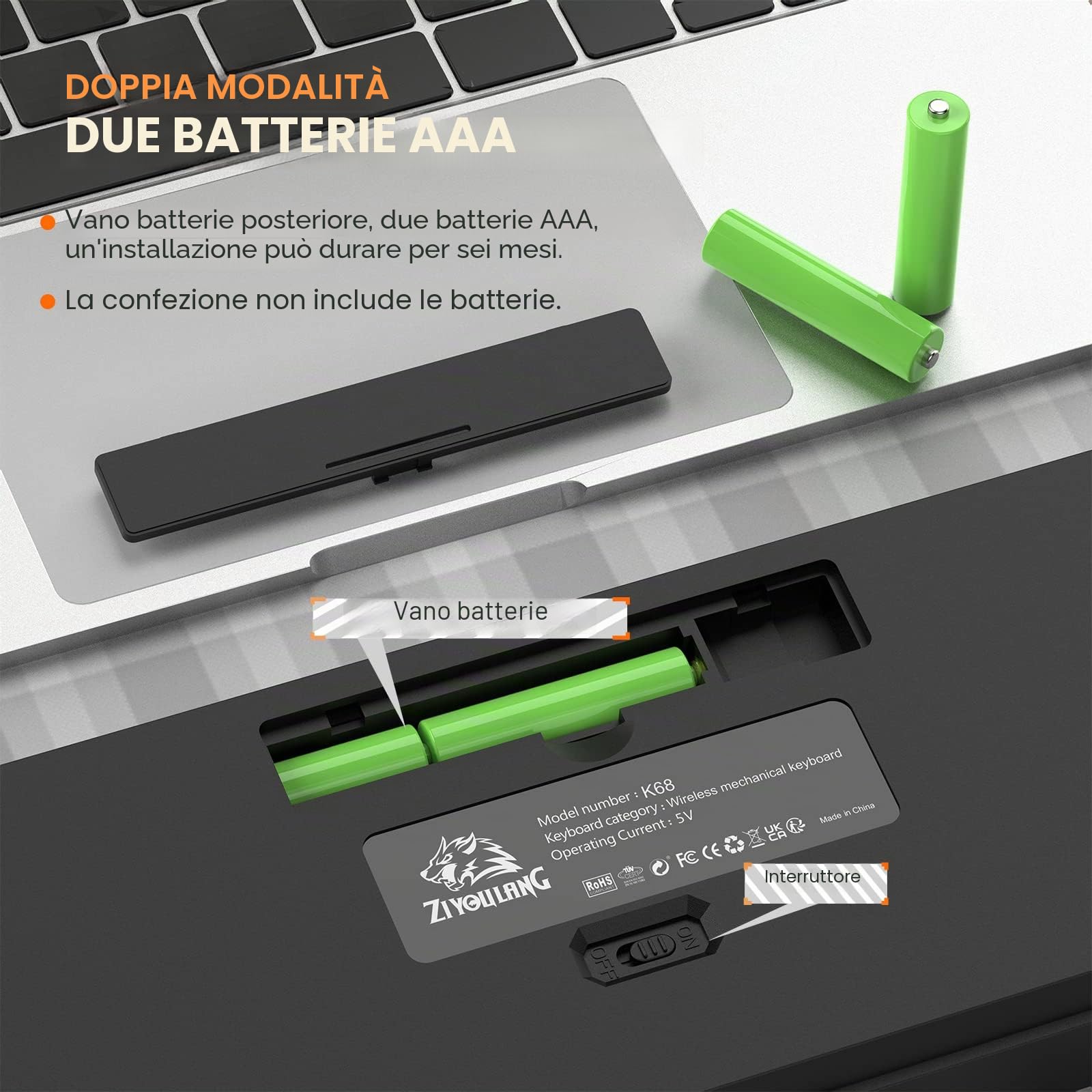 YINDIAO K68 Tastiera da Gioco Meccanica Wireless al 60%,68 Tasti Mini Tastiera Compatta Bluetooth 5.0/2.4Ghz con Ricevitore Dual Mode,Sostituibile a Caldo,Interruttore Rosso,per PC,MAC (Crepuscolo)