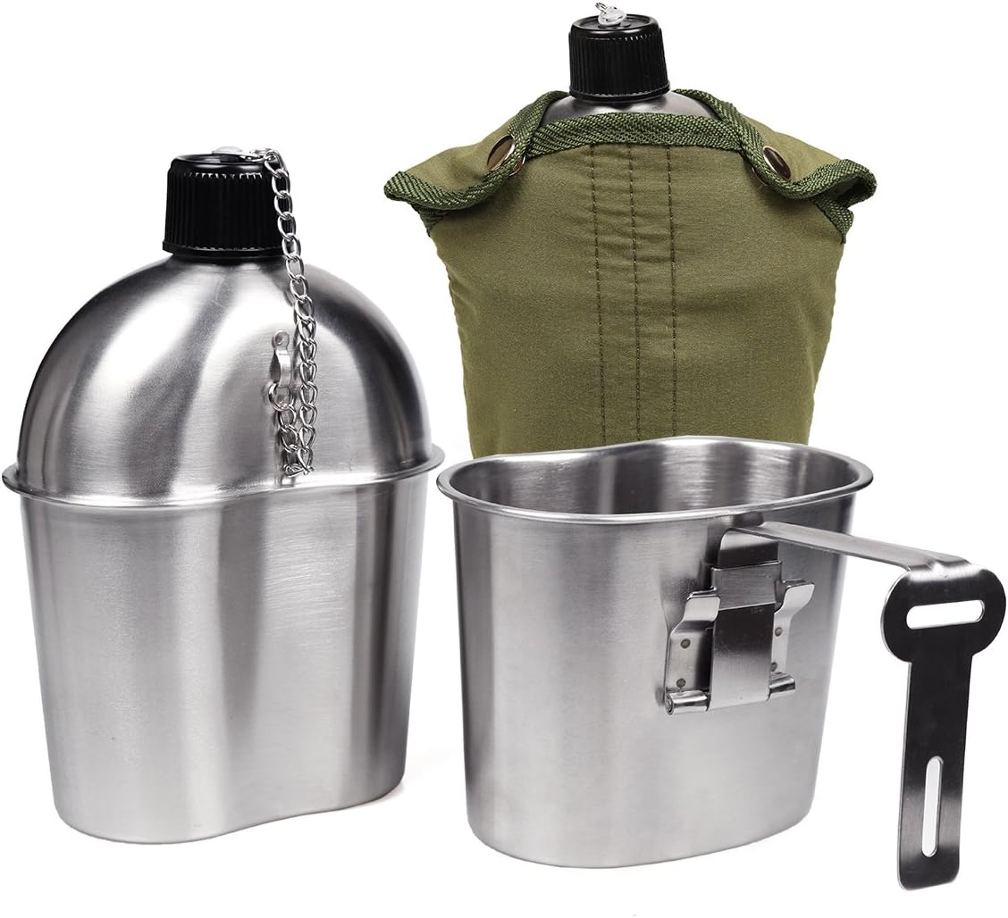 Goetland Stainless Steel WWII US Military Canteen Kit 1QT with 0.5QT Cup Nylon Cover G.I. : Sports & Outdoors