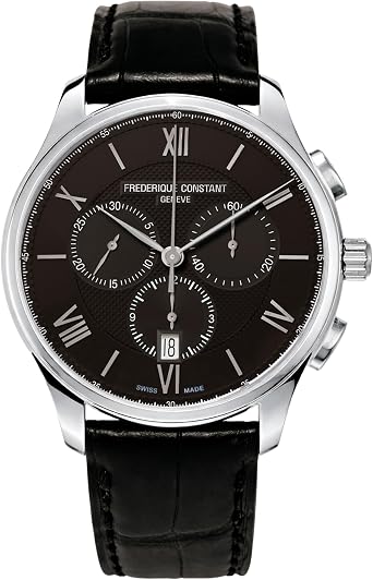 Classic Chronograph Swiss Quartz Stainless Steel Case Watch and Black Leather Strap, Black Dial, StyleFC-292MB5B6