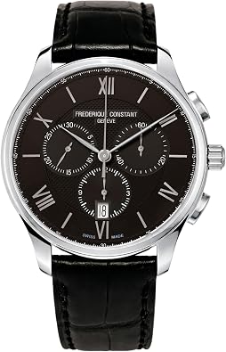 Frederique Constant Classic Chronograph Swiss Quartz Stainless Steel Case Watch and Black Leather Strap, Black Dial, StyleFC-292MB5B6