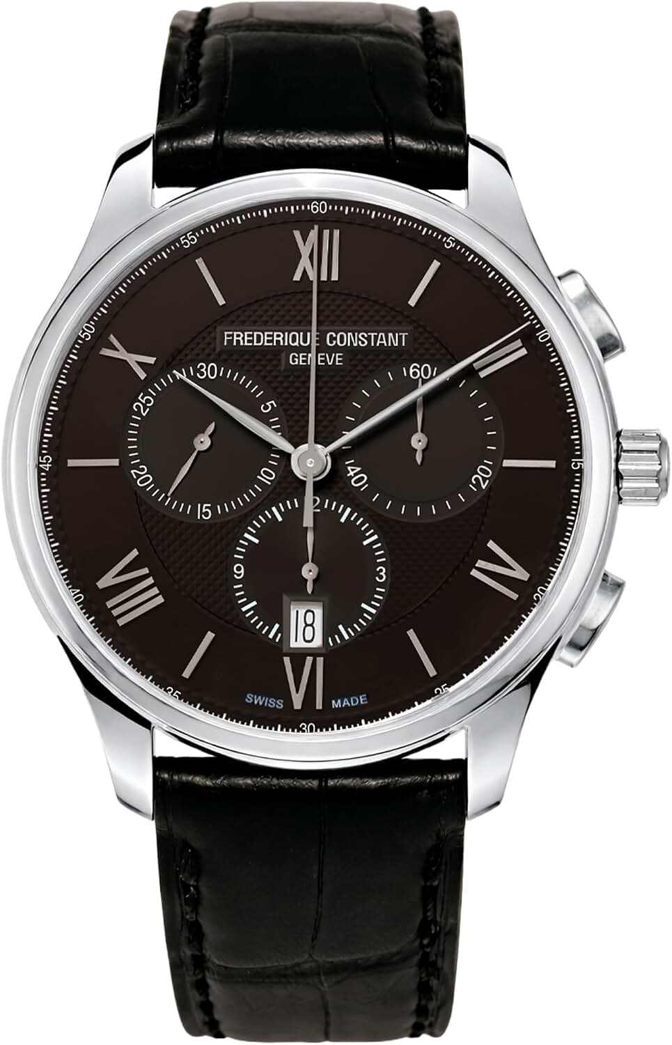 Frederique Constant Classic Chronograph Swiss Quartz Stainless Steel Case Watch and Black Leather Strap, Black Dial, Style:FC-292MB5B6