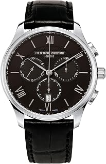 Classic Chronograph Swiss Quartz Stainless Steel Case Watch and Black Leather Strap, Black Dial, Style:FC-292MB5B6