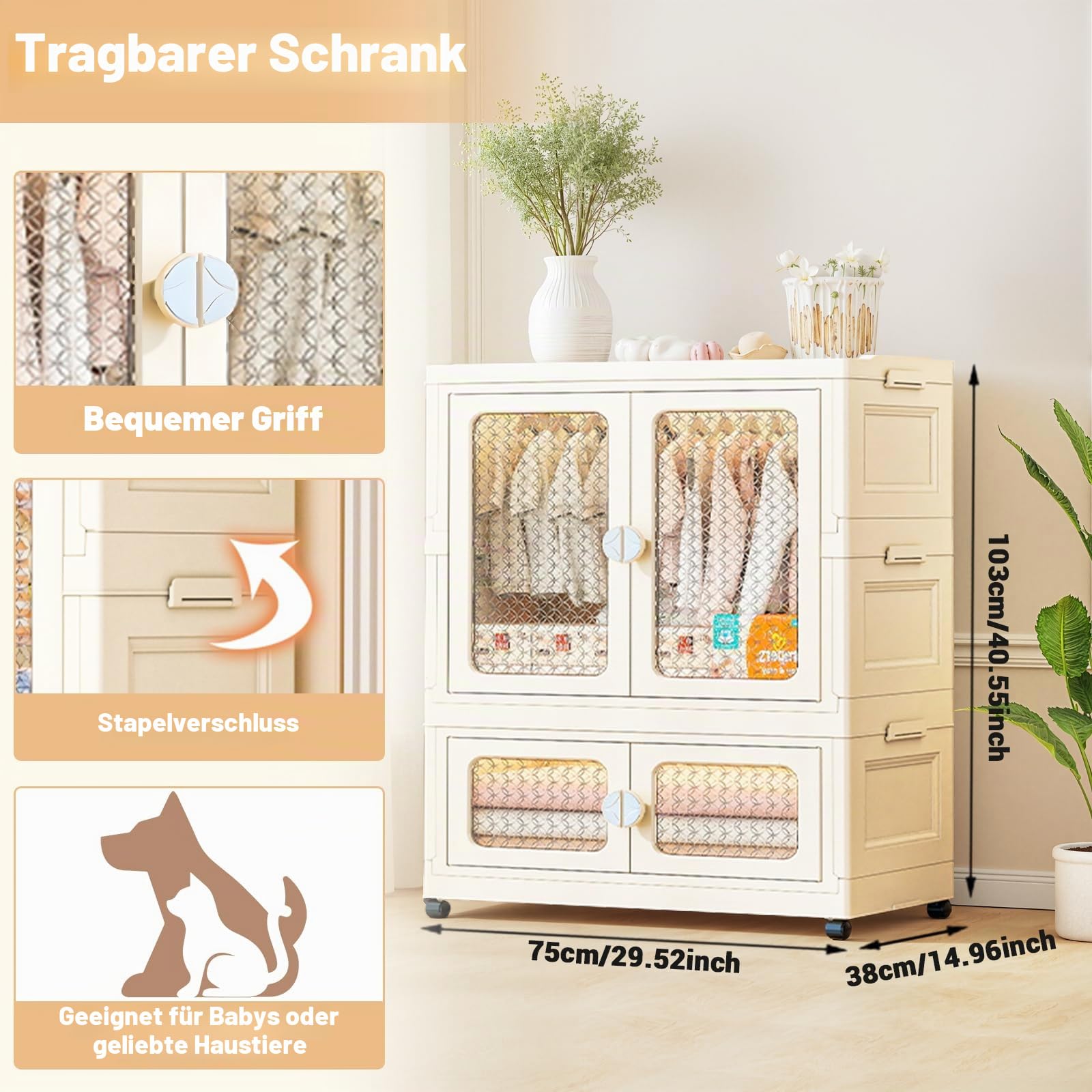 Tragbarer Kleiderschrank mit Doppeltüren - Zusammenklappbarer Schrank mit Rollen 103x75x38cm - Kunststoff-Klappkommode mit Kleiderstange 1 Aufhängung + 1 Aufbewahrungen - Weiß