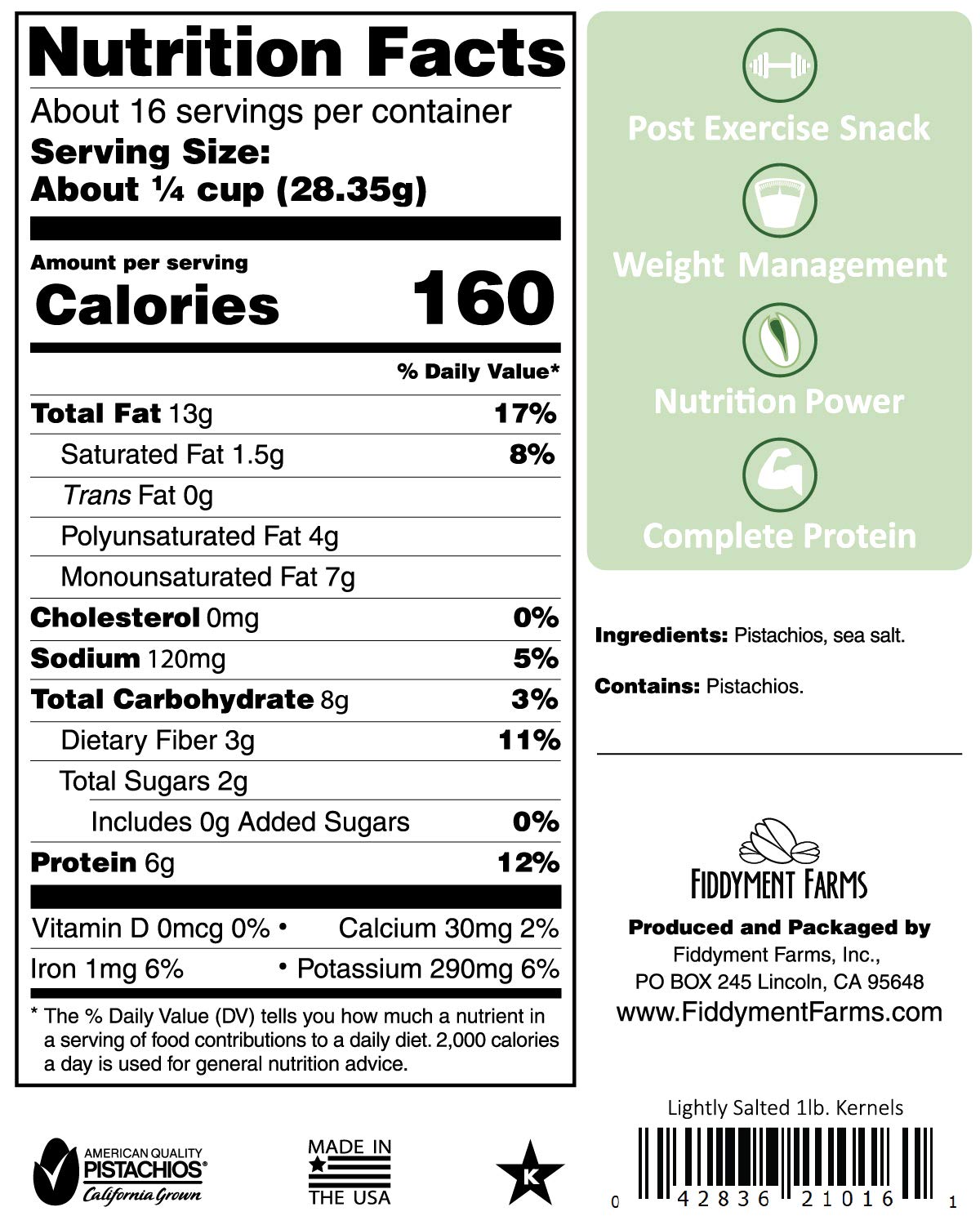 Fiddyment Farms Jumbo Lightly Salted Pistachio Kernels - 1 lb California Grown, Gluten-Free, Resealable Bag