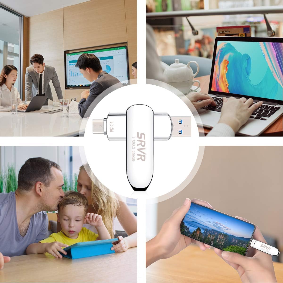USB C Flash Drive 256GB,SRVR-Flash Drive Type C 2-in-1 USB 3.0 Dual Interface Flash Drive High Speed OTG Thumb Drive Metal Memory Stick Photo Sticks for Android Smartphone, MacBook & Tablets