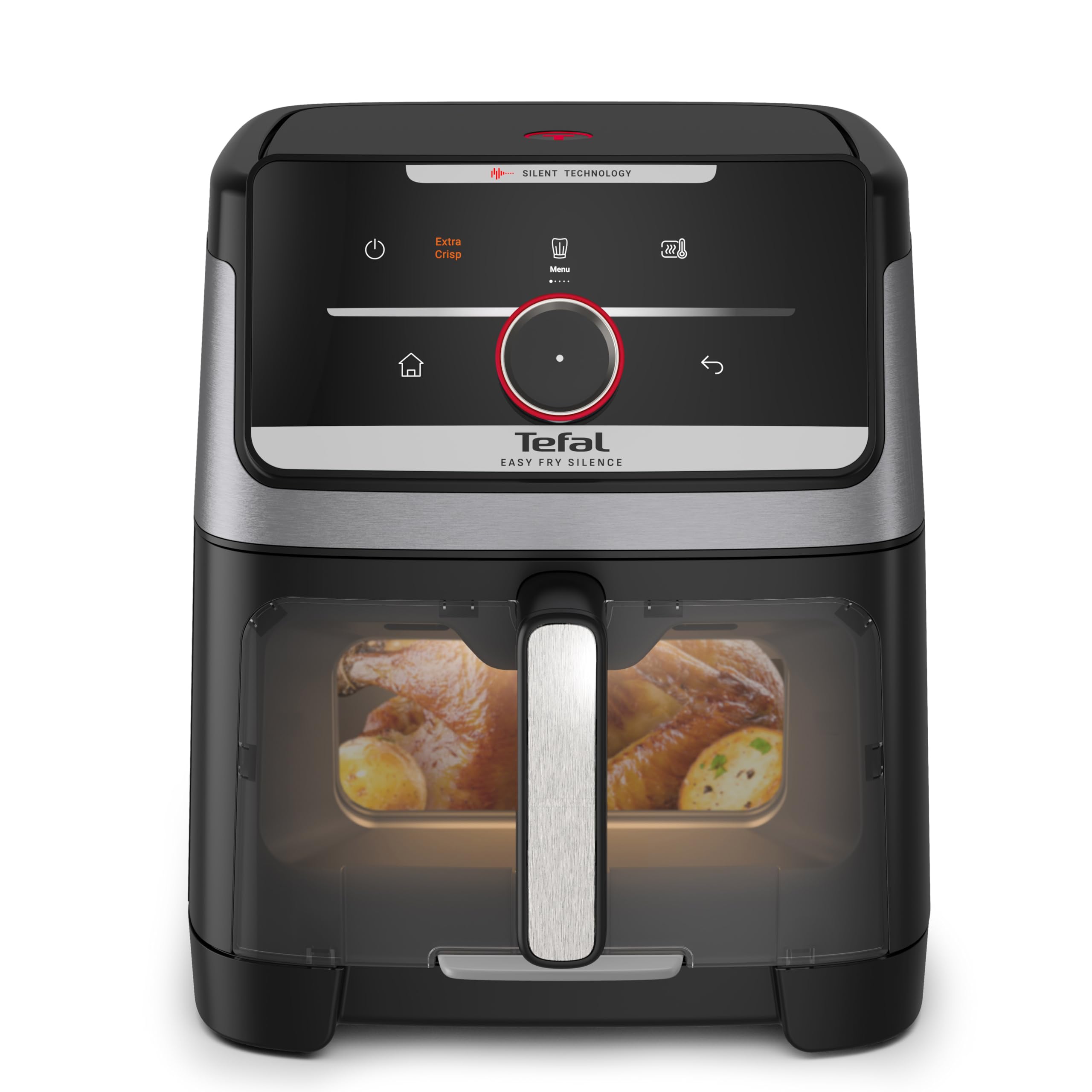 Tefal Easy Fry Silence Heißluftfritteuse, 7 L Fassungsvermögen, Silent-Technologie, Smart Assist System, bis zu 8 Portionen, abnehmbare Front mit Sichtfenster, Schwarz, EY876DE0