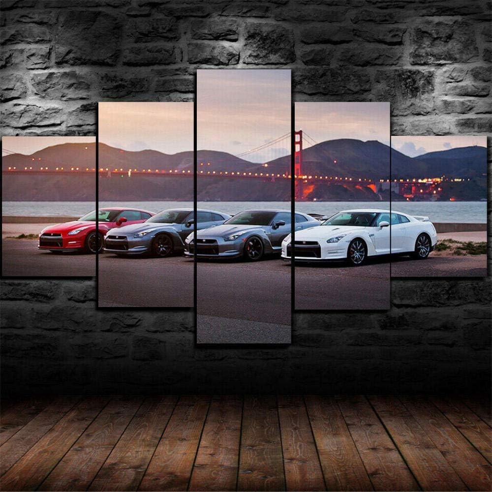 HJYL- Christmas Canvas Painting - Under The Framed Bridge Gt-R R35 Sports Car Poster 5 Pieces Canvas Printing Art Modular - Hang in The Living Room and Bedroom for Home Decoration, Size: 40''Wx22''H