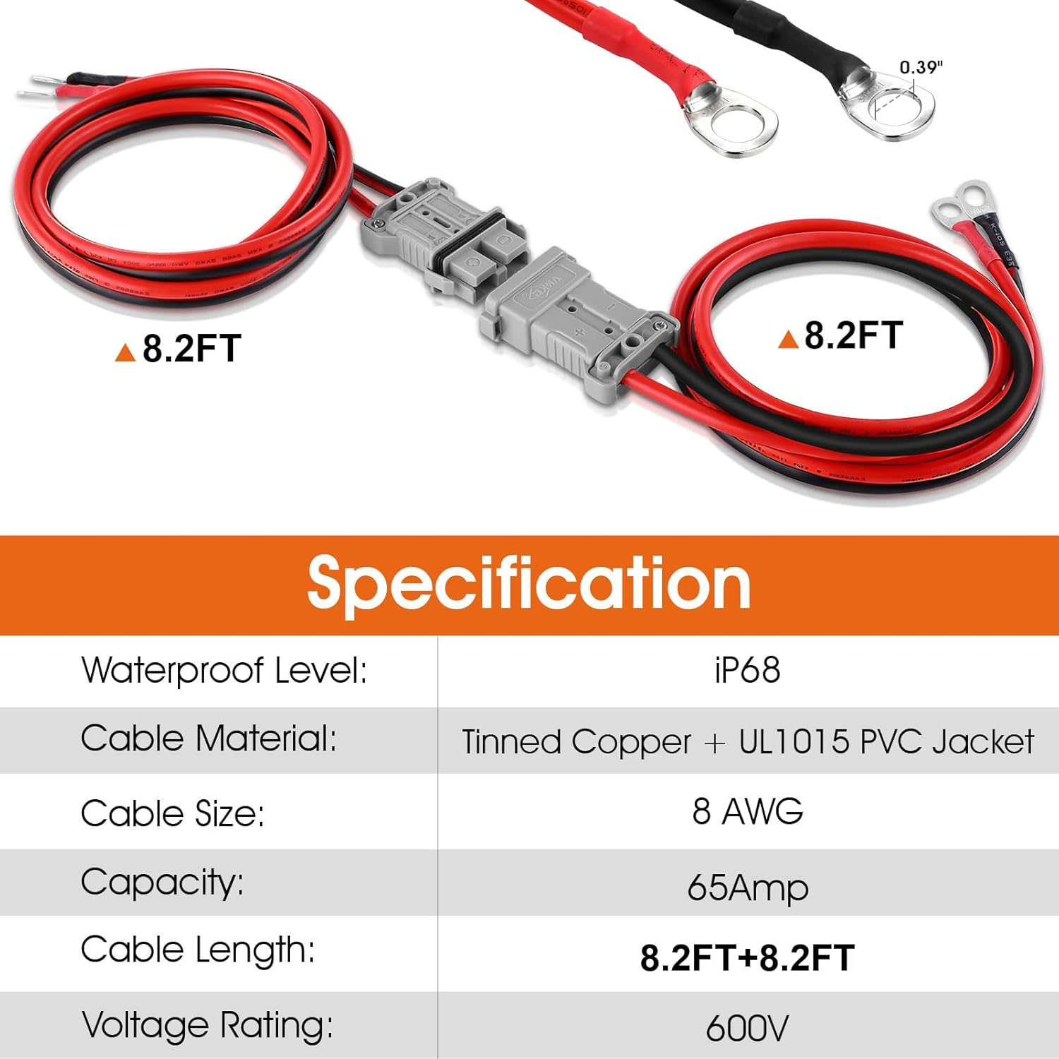 Waterproof Battery Quick Connect Disconnect with 8.2FT 8 Awg Cable, 50 Amps 6-8 Gauge Ip68 Jumper Cable Plug Connector Kit for Recovery Winch, Towing Systems