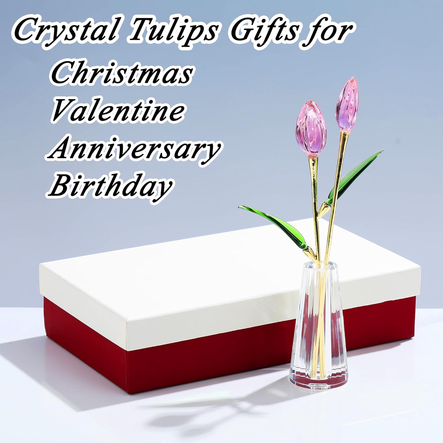 Enjinkail Crystal Tulips Flower Figurine with Vase Crystal Pink Tulips Decor Glass Tulips with Stems Ornament Tulips Gifts for Women on Anniversary Birthday Wedding Christmas Mothers Day Valentine - Image 5