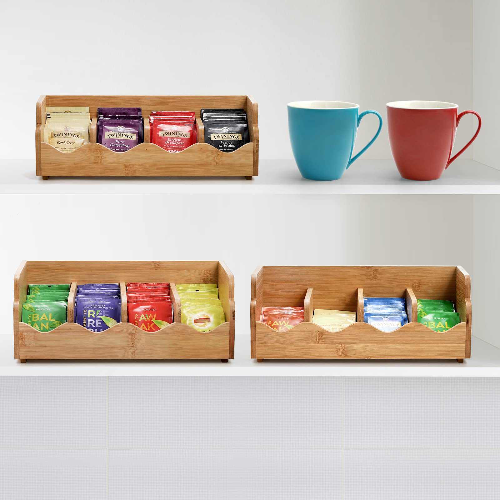 ZOOFOX Tea Bag Organizer, Bamboo Tea Bag Storage Holder with 12 Compartments for Tea Bag, Coffee, Sugar, Sweeteners, Coffee Pod, 3 Tire Stackable Tea Bag Container for Countertop, Pantry, Cabinets