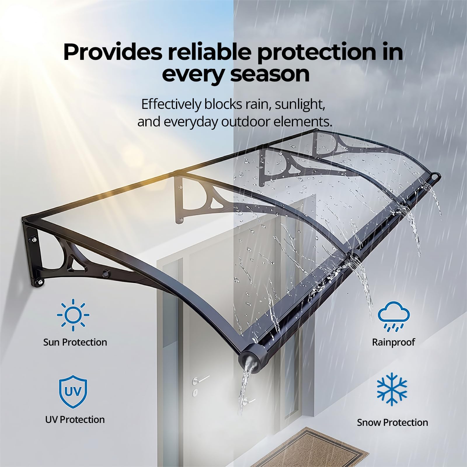 Grauer Türvordach für den Außenbereich, mit Aluminiumhalterung, UV- und Regenschutz, 80 x 90 cm, Außentürabdeckung für Schutz vor Wind und Wetter