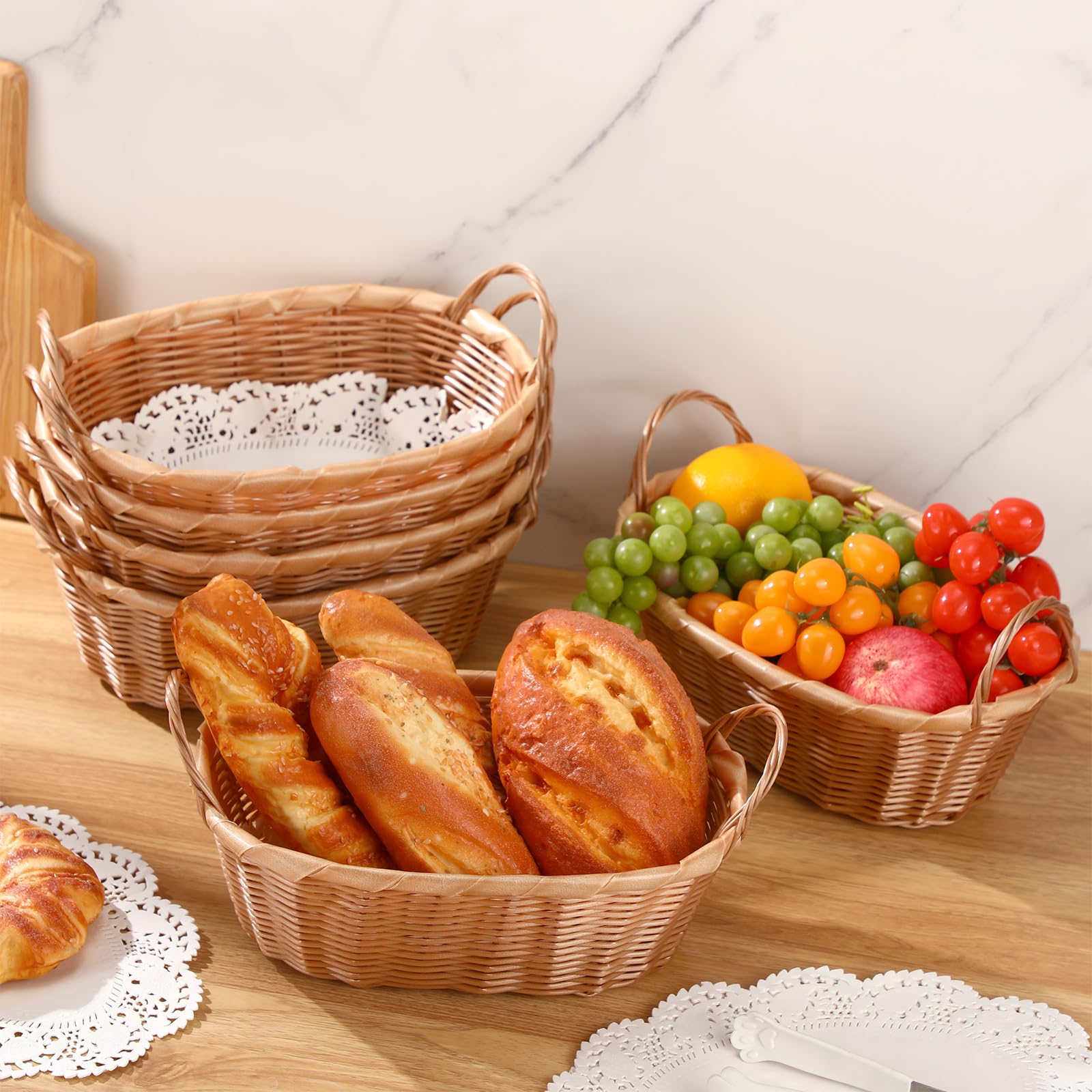 Tioncy 6 cestas de mimbre para pan con asas, cesta ovalada de plástico tejida a mano, cesta para servir alimentos con forro de papel, cestas de comida, juegos de bandejas de servir, cestas de comida