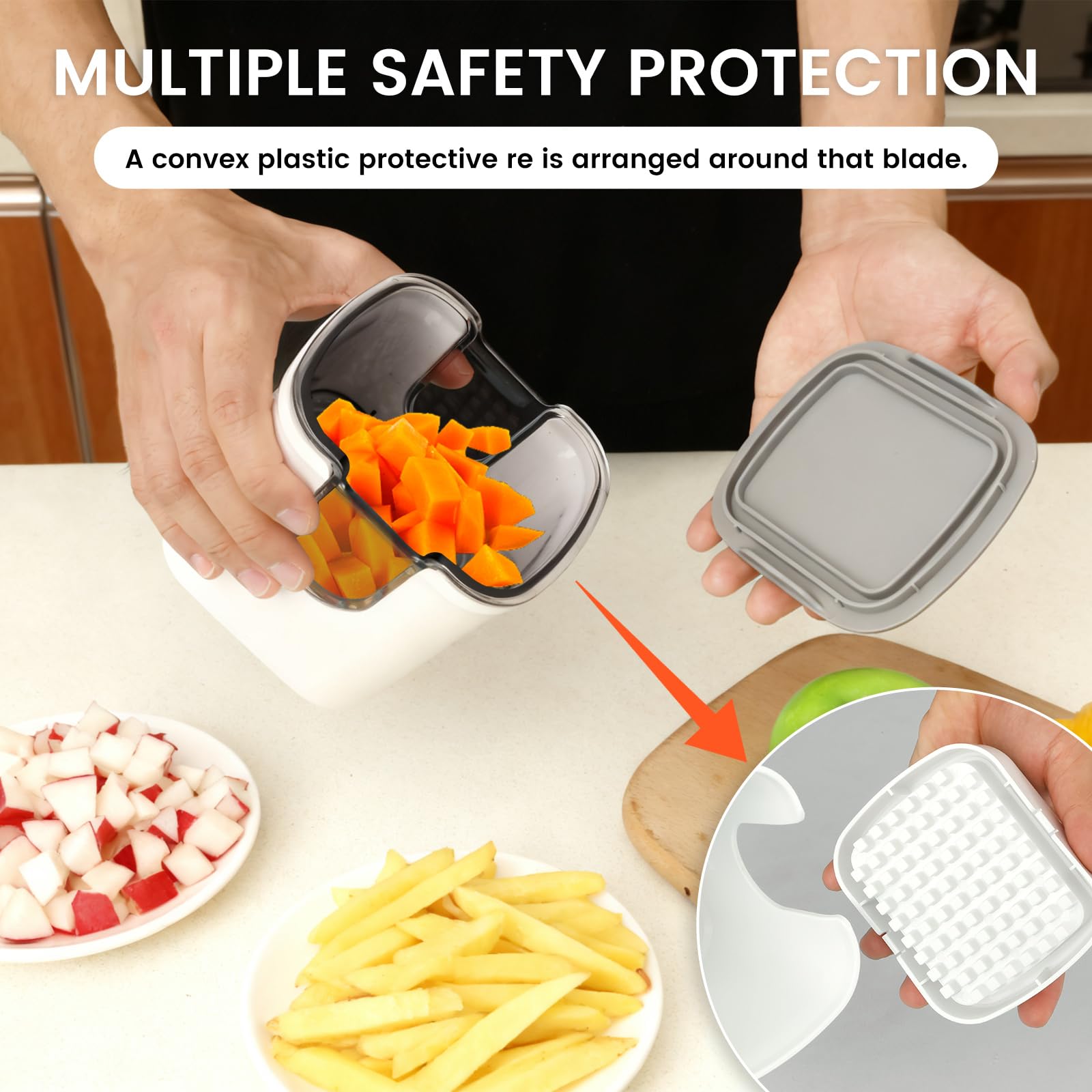 Pommesschneider, Kartoffelschneider mit 3 Edelstahlklingen, schnelles Schneiden Kartoffelchipsschneider für Pommes Frites Gemüseschneider Lebensmittelzerkleinerer Dicer für Karotte, Zwiebel, Gurke