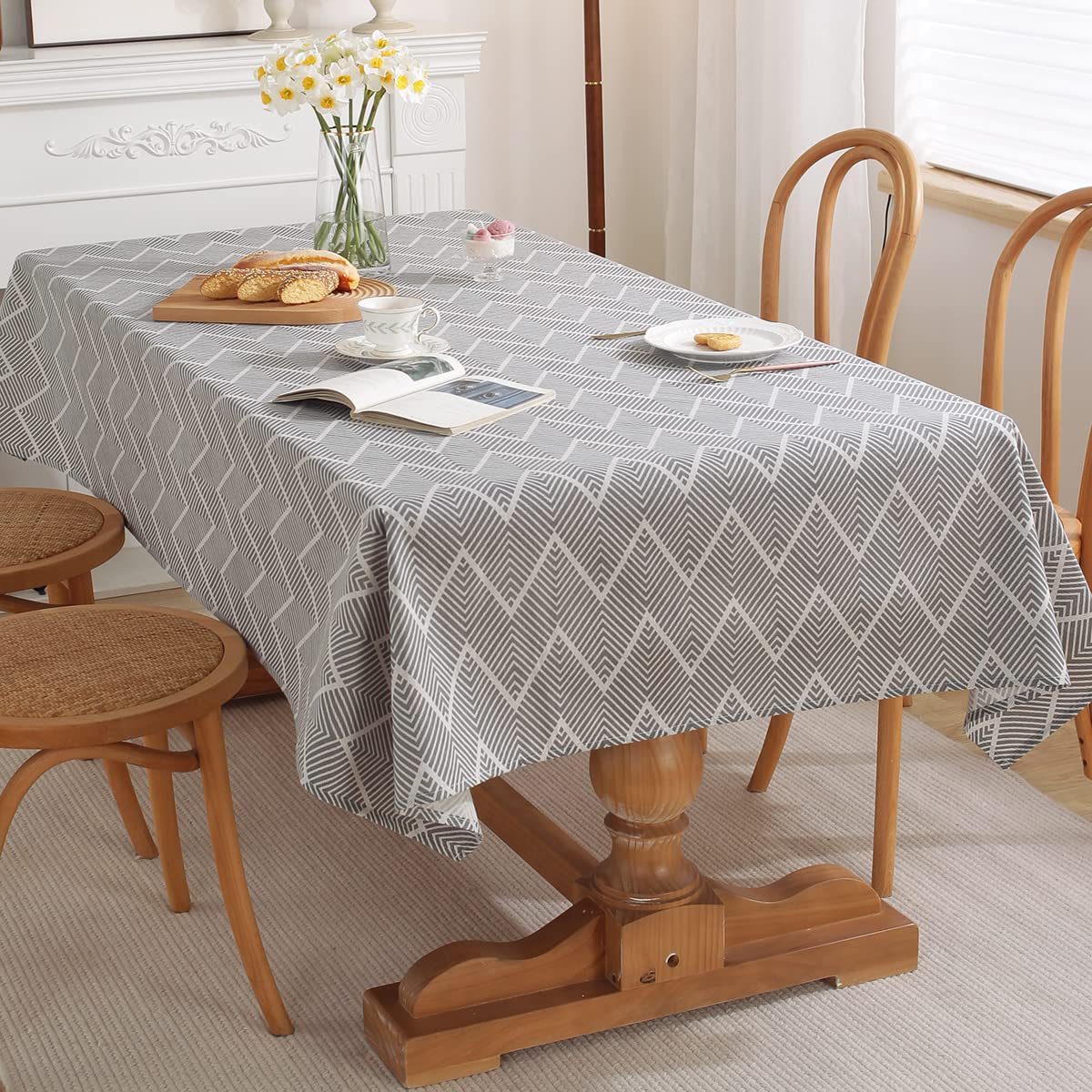 SASTYBALE Square Tablecloth Line Style Cotton Linen Table Cloth Washable Table Cover with Dust-Proof Wrinkle Resistant for Outdoor and Indoor Tabletop Decoration (Square, 55" x 55" (2-4 Seats)
