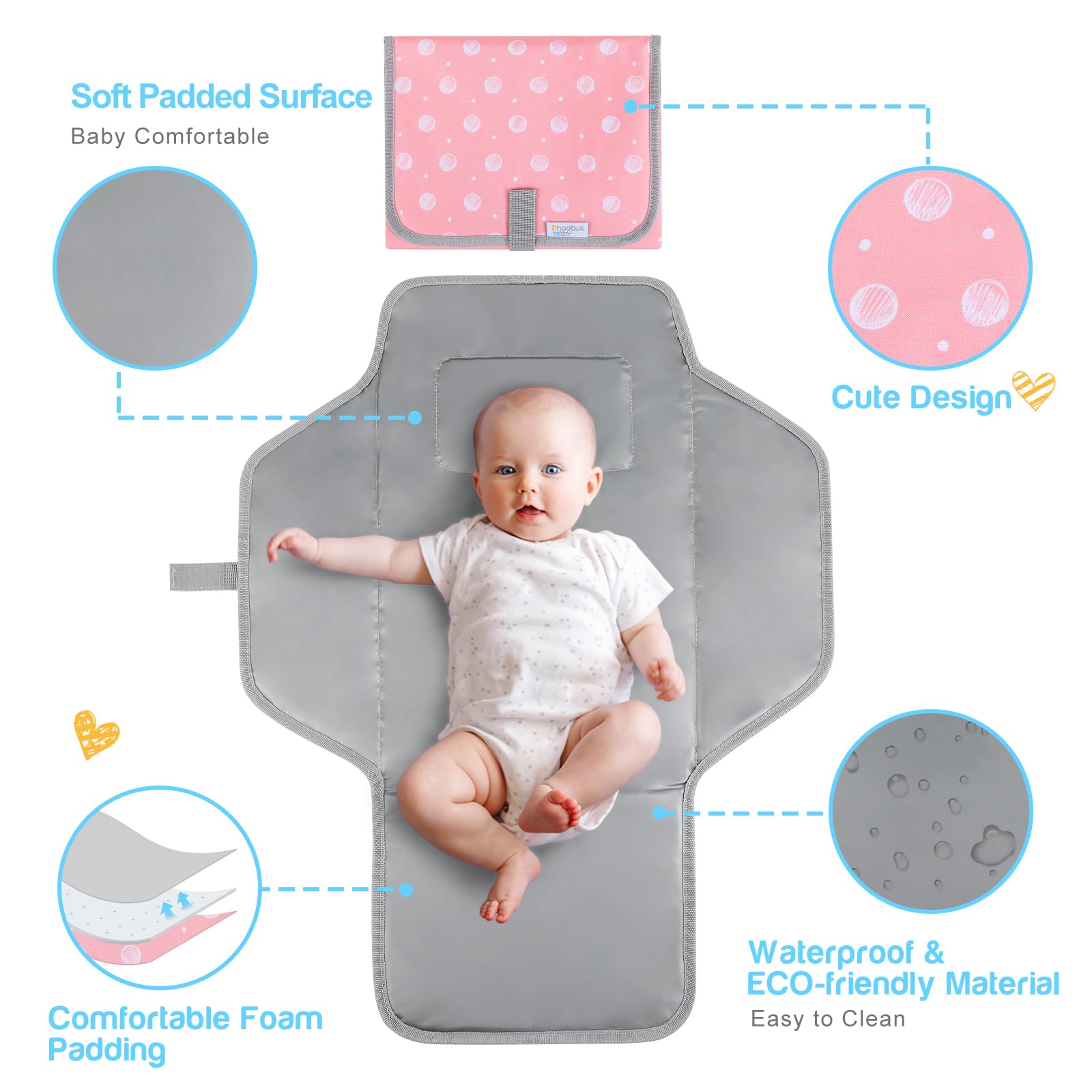 Cambiador portátil de viaje para bebé, impermeable, color rosa | Compacto, ligero, plegable para bolsa de pañales, fácil de limpiar, regalos para recién nacidos, perfecto para llevar