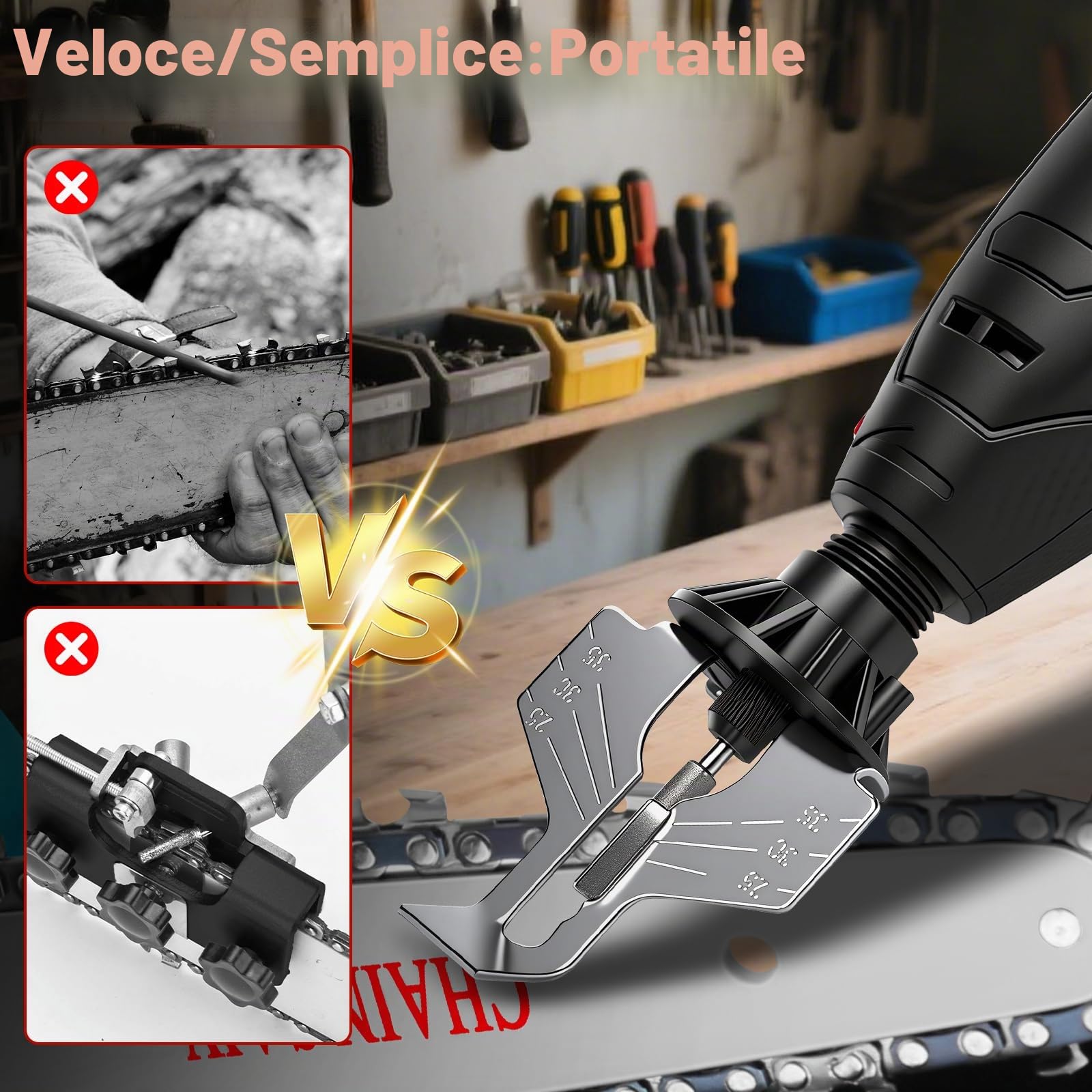 Set di affilatura elettrica per motosega con batteria da 1300 mAh, 9 testine abrasive | Affilatrice senza fili per motosega, con testa in lega e guida angolare, affilatrice portatile USB per motosega