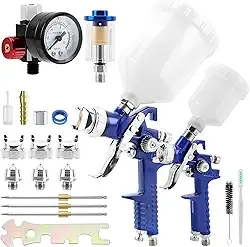 Kit 2 Pistolas de Pintura com Filtro de Ar, Pressão Ajustável 3-10 Bar, 3 Bicos 0,8/1,2/1,4mm, Capacidade 125/600ml