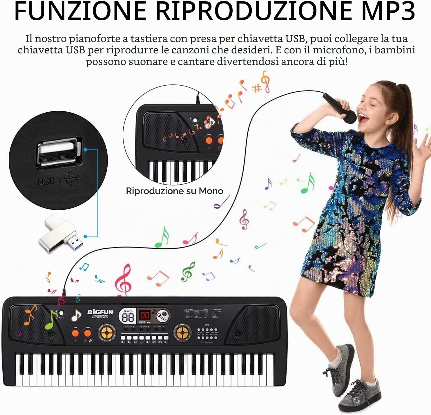 Pianola Scuola Media Bambini, Shayson Tastiera 61 Tasti con microfono | Elettronica Digitale Musicale Tastiera Multifunzione, Educativo, Regalo per Ragazzi Ragazze 3+Anni