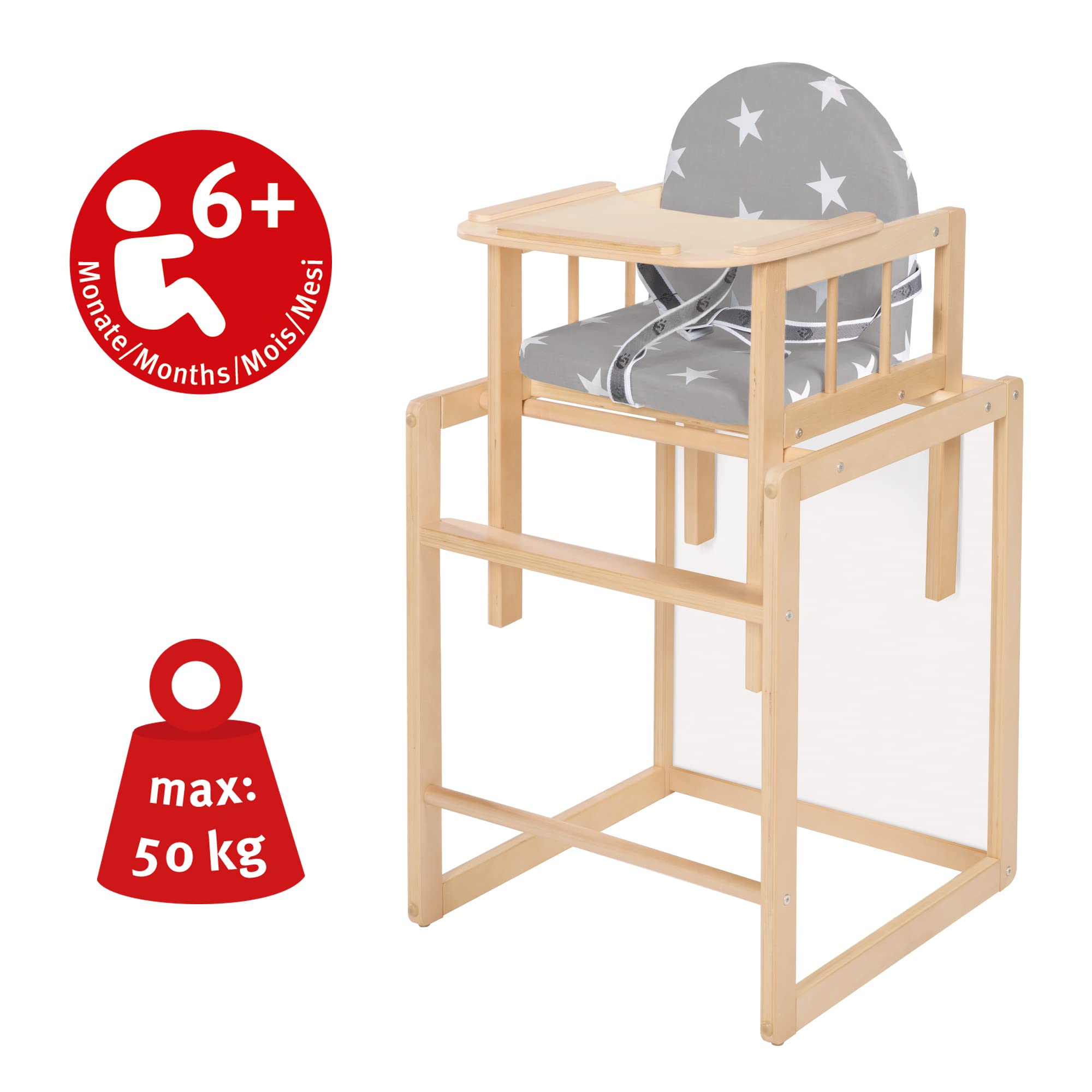 roba Seggiolone Trasformabile Little Stars - diventa Seggiolina e Tavolo - Morbida Imbottitura - Multifunzionale - Regolabile - Legno Naturale e Grigio