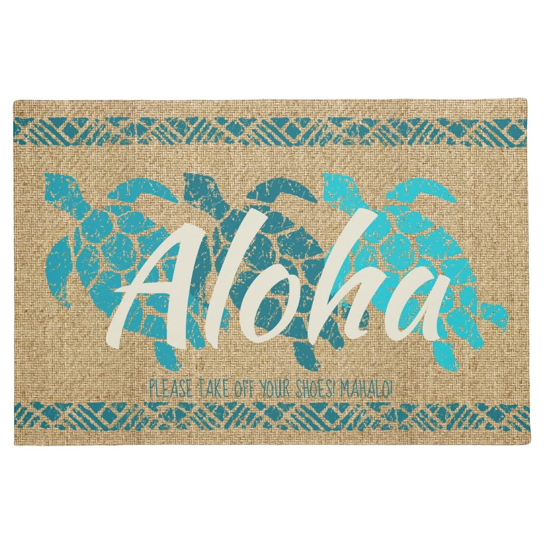 Honu Sea Triple Turtle Hawaiian Tapa Teal Doormat Scenery Entrance Door Mat Rubber Indoor Outdoor Floor Mat for Home Decorative Supply 16x24 Inches