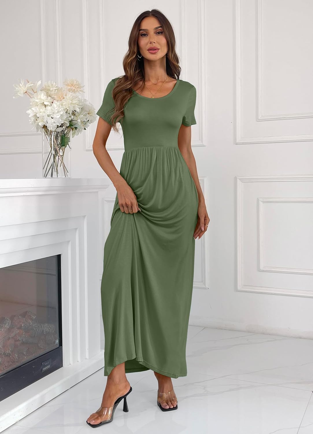 Women's Short Sleeve Loose Plain Long Maxi Casual Dresses with Pockets S Army Green - Image 5
