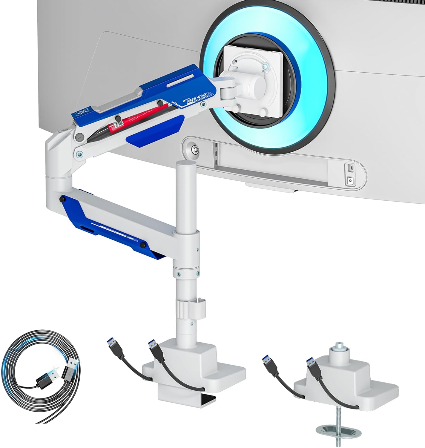 ARES WING CoreArm Single Monitor Mount with USB, Ultrawide Monitor Arm for 24 to 57'' Heavy Duty Curved Screen, Adjustable Gas Spring Monitors Arm Stand up to 66LBS with 75/100/200 Vesa Mount, White