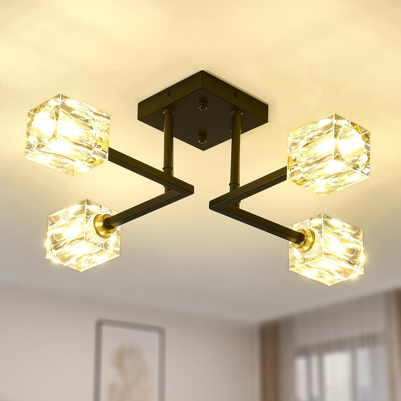 Sputnik Crystal Ceiling Light, 4-Light G9 Base Semi Flush Mount Light Fixture, Black and Gold Modern Farmhouse Chandelier for Dining Room, Bedroom, Living Room, Kitchen, Entryway, Hallway